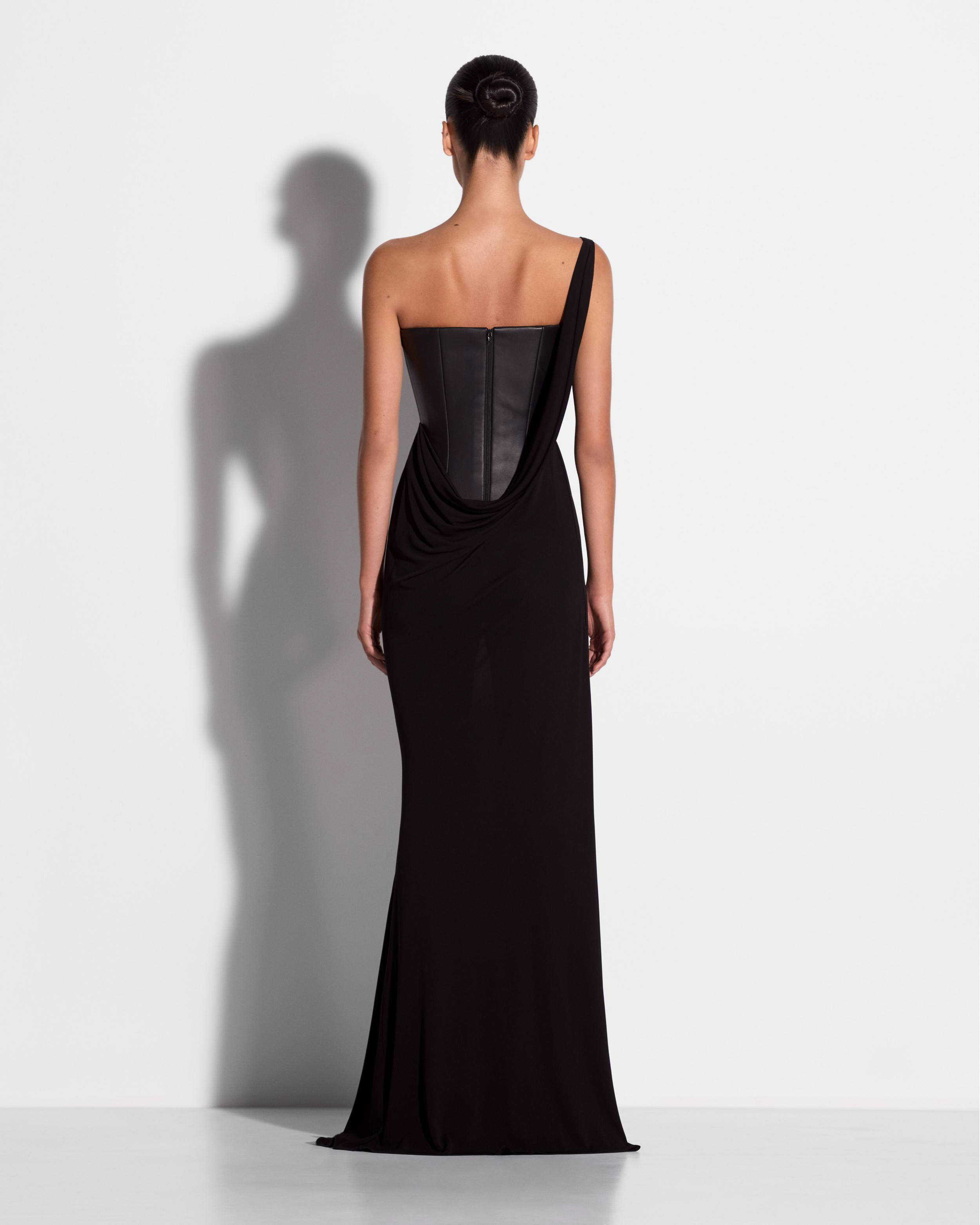 One Shoulder Asymmetric Gown in Leather & Jersey