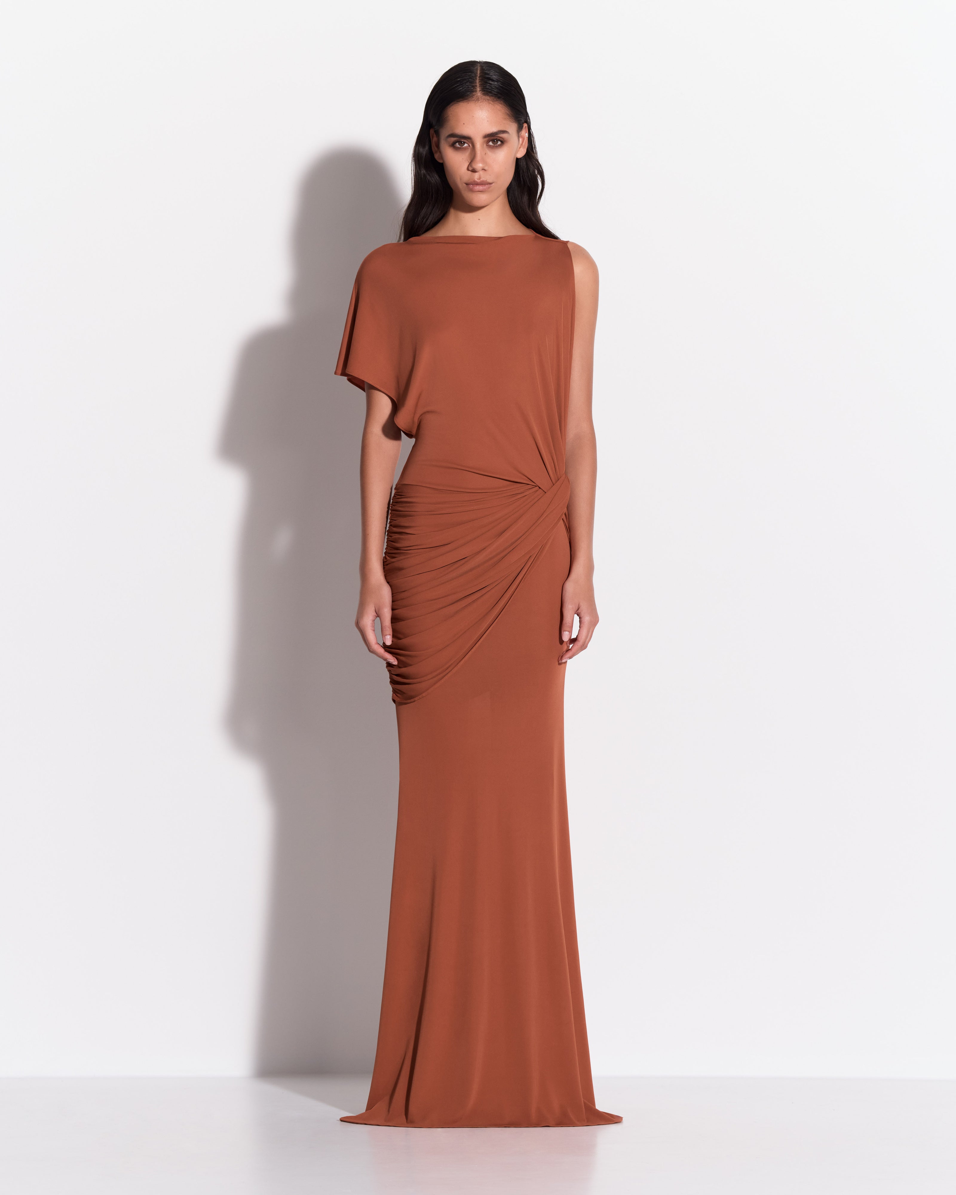 One Shoulder Cape Sleeve Twist Gown in Dry Jersey