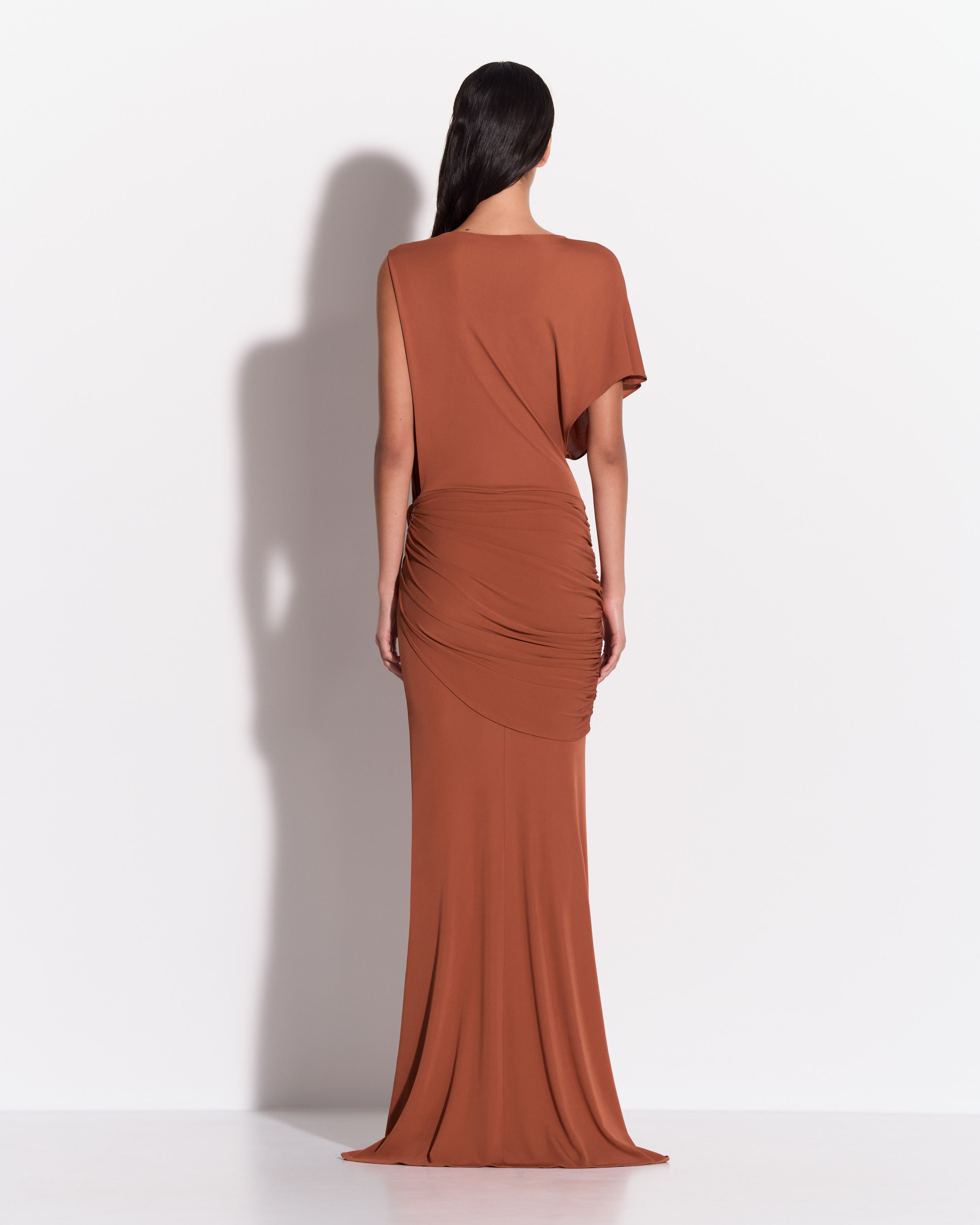One Shoulder Cape Sleeve Twist Gown in Dry Jersey