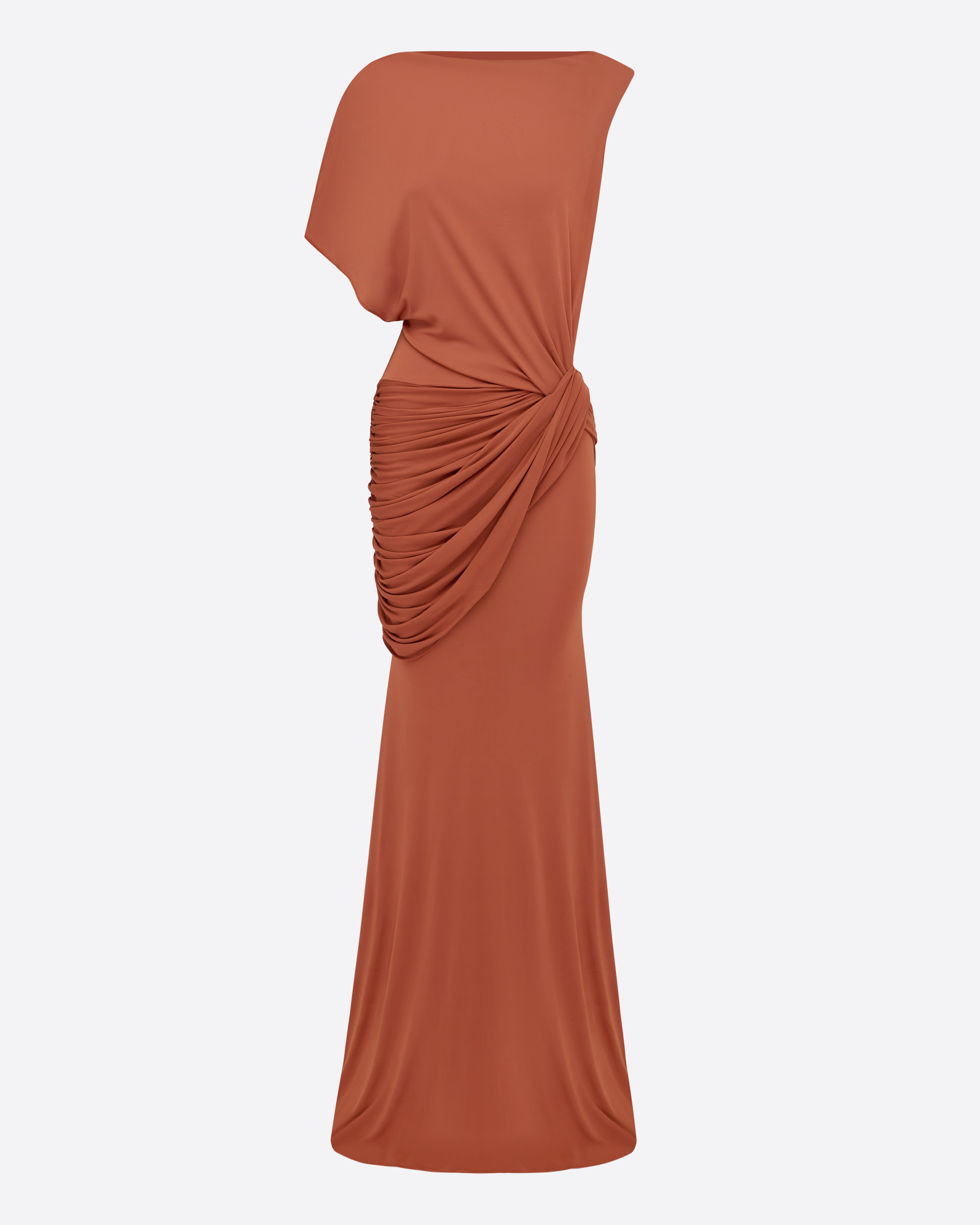 One Shoulder Cape Sleeve Twist Gown in Dry Jersey