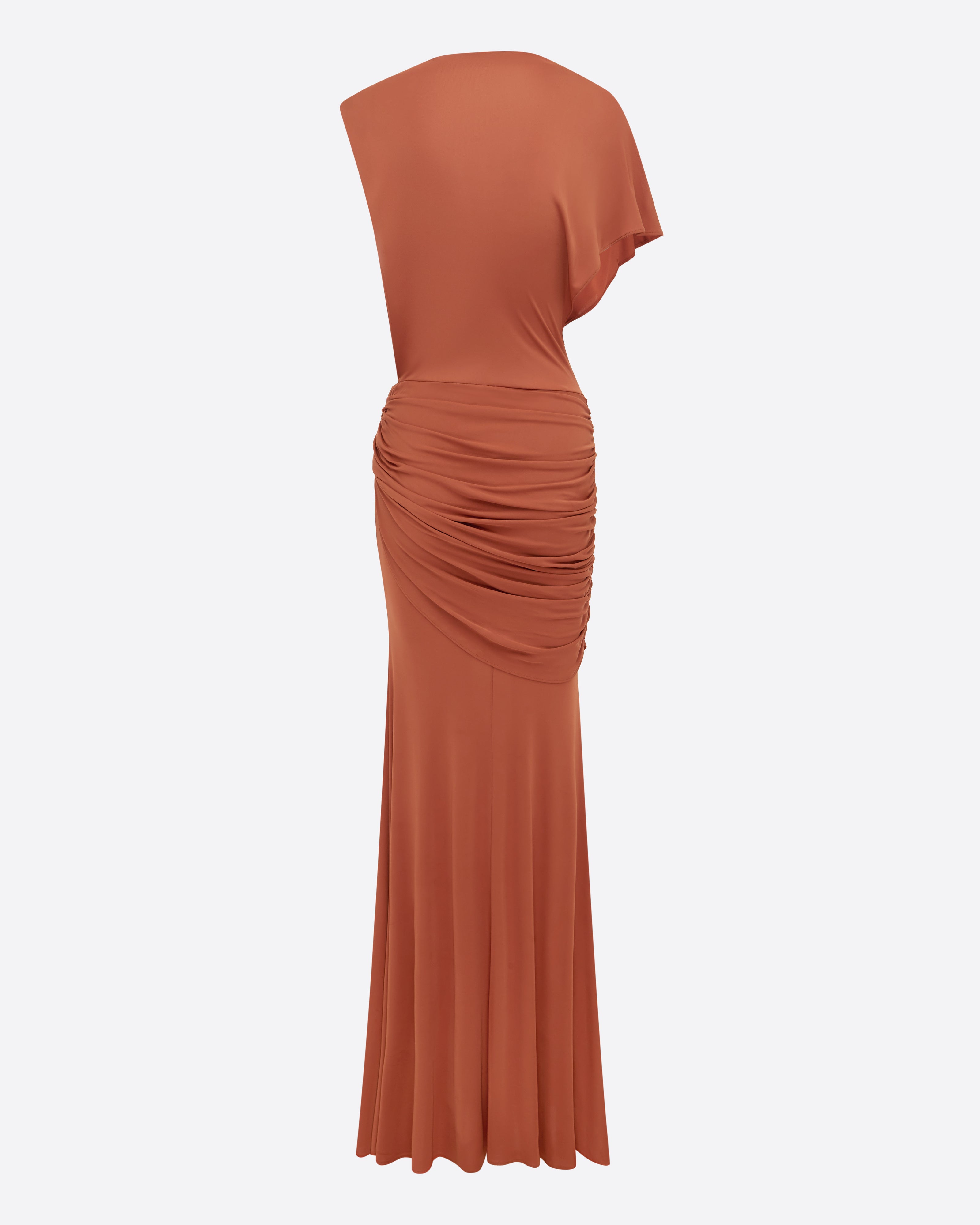 One Shoulder Cape Sleeve Twist Gown in Dry Jersey