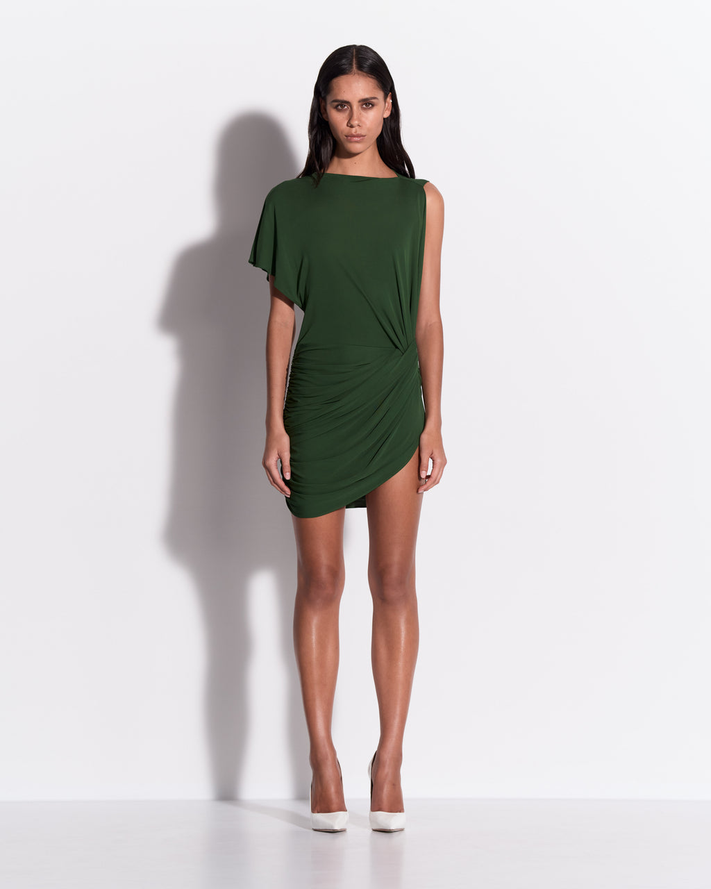 One Shoulder Cape Sleeve Twist Mini Dress in Dry Jersey