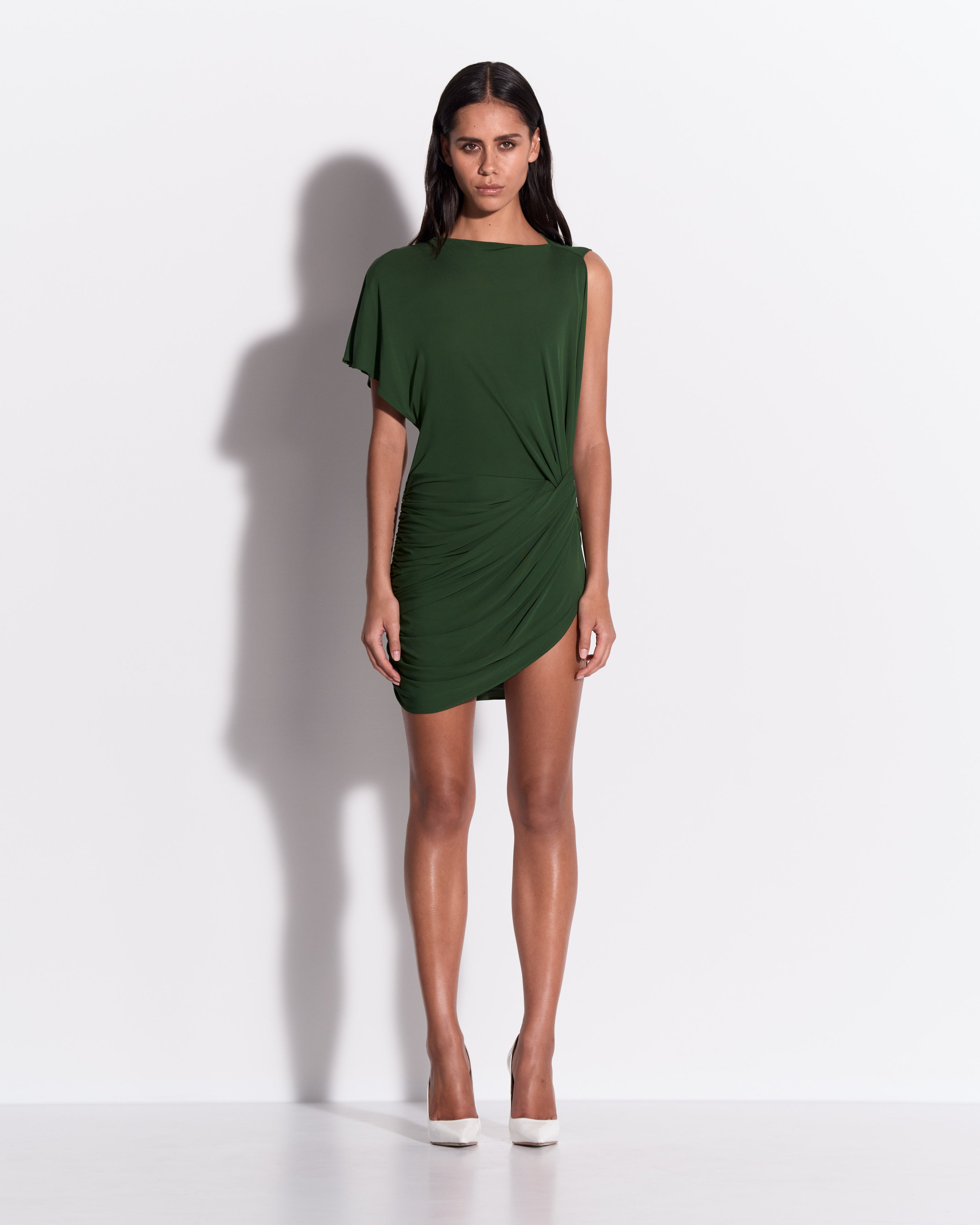 One Shoulder Cape Sleeve Twist Mini Dress in Dry Jersey
