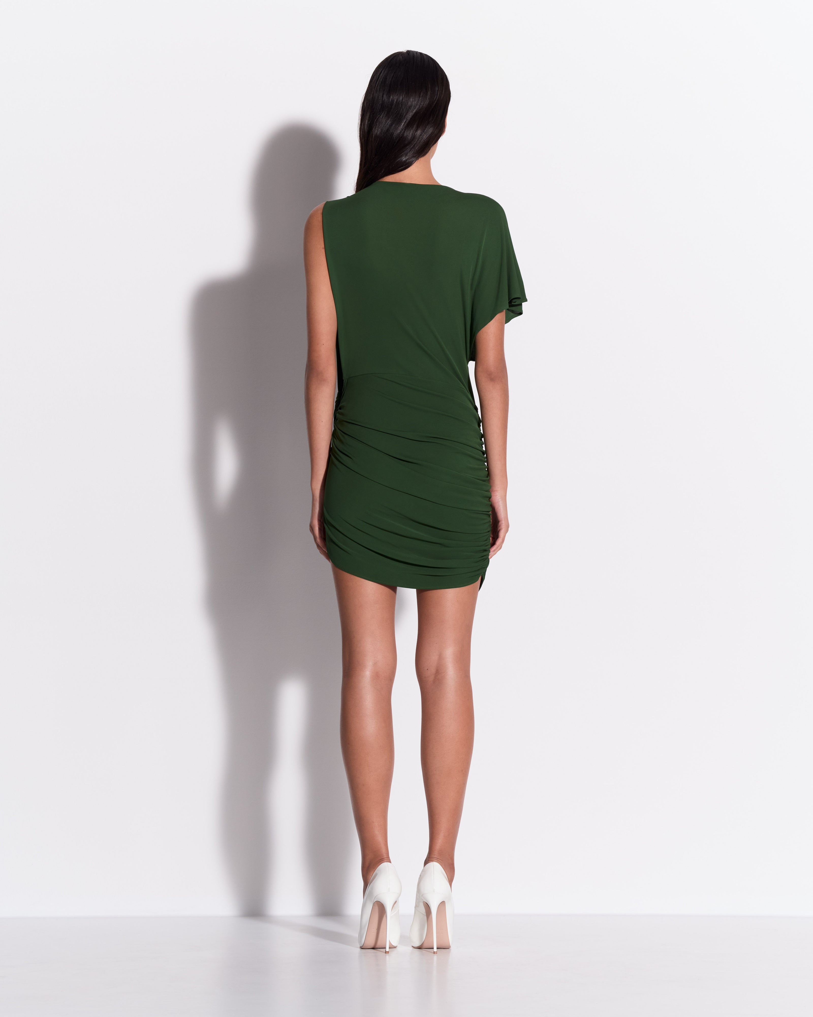 One Shoulder Cape Sleeve Twist Mini Dress in Dry Jersey