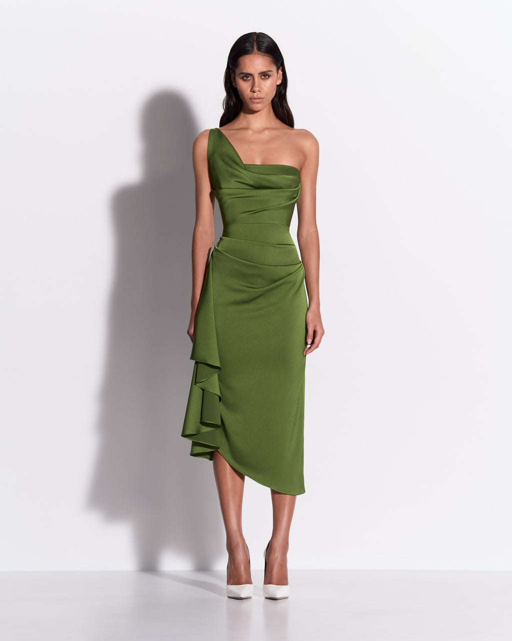 One Shoulder Drape Dress in Satin Crepe