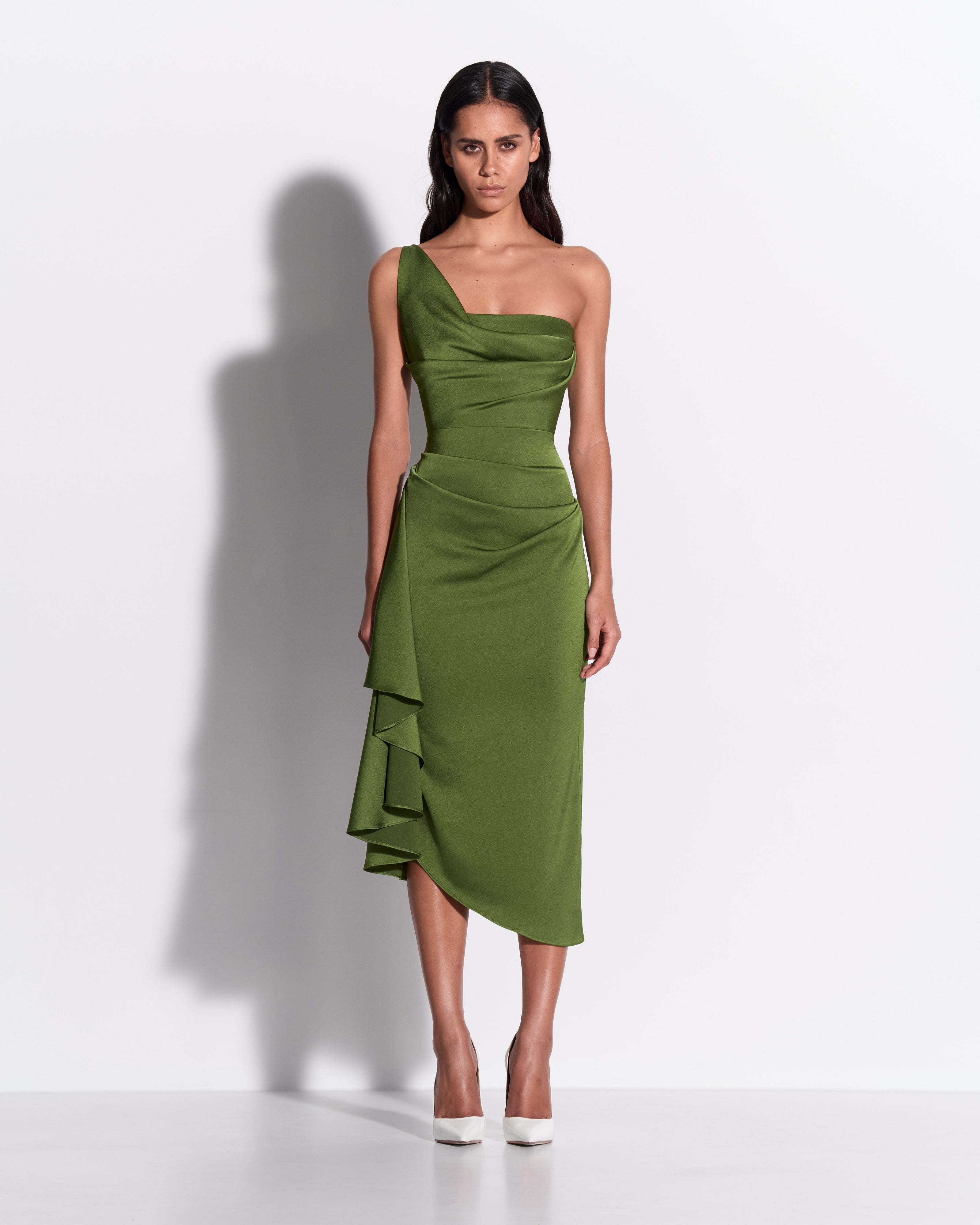 One Shoulder Drape Dress in Satin Crepe