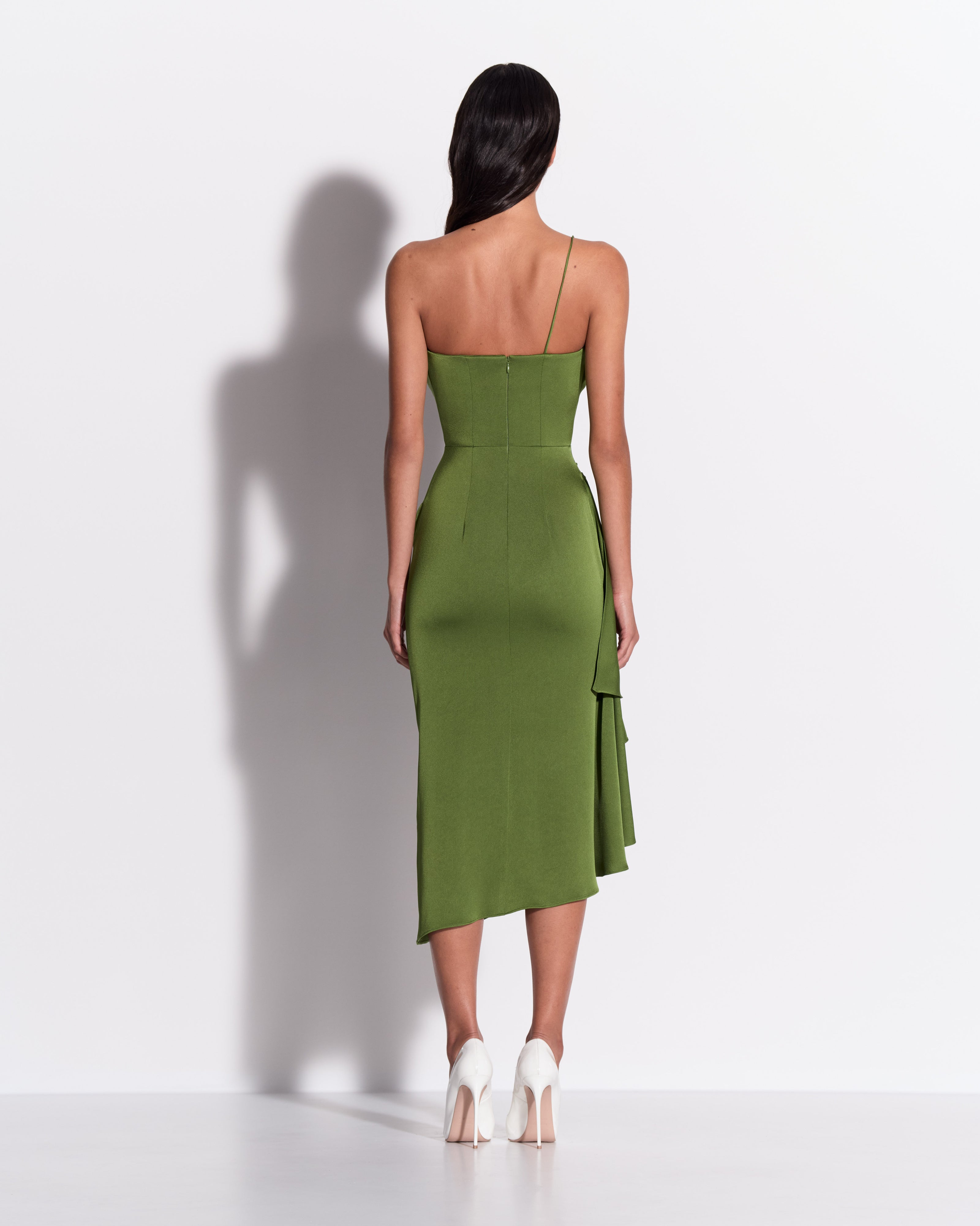 One Shoulder Drape Dress in Satin Crepe