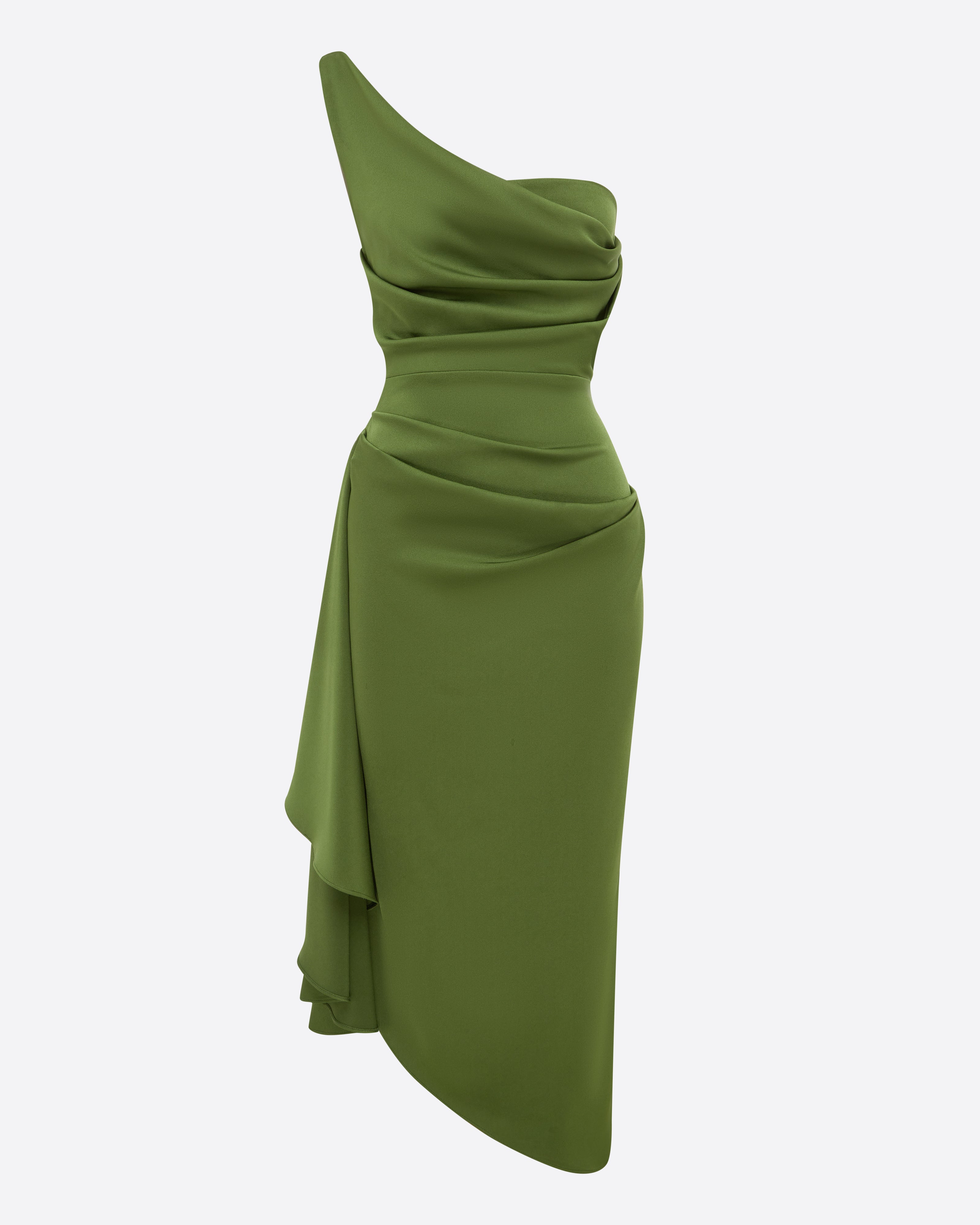 One Shoulder Drape Dress in Satin Crepe