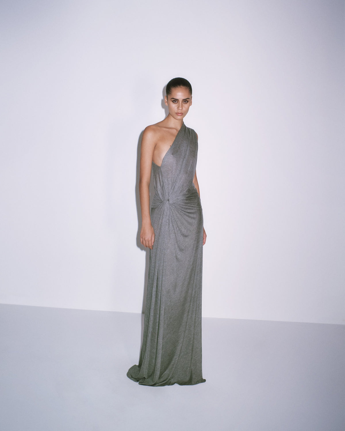 One Shoulder Drape Gown in Marle Jersey