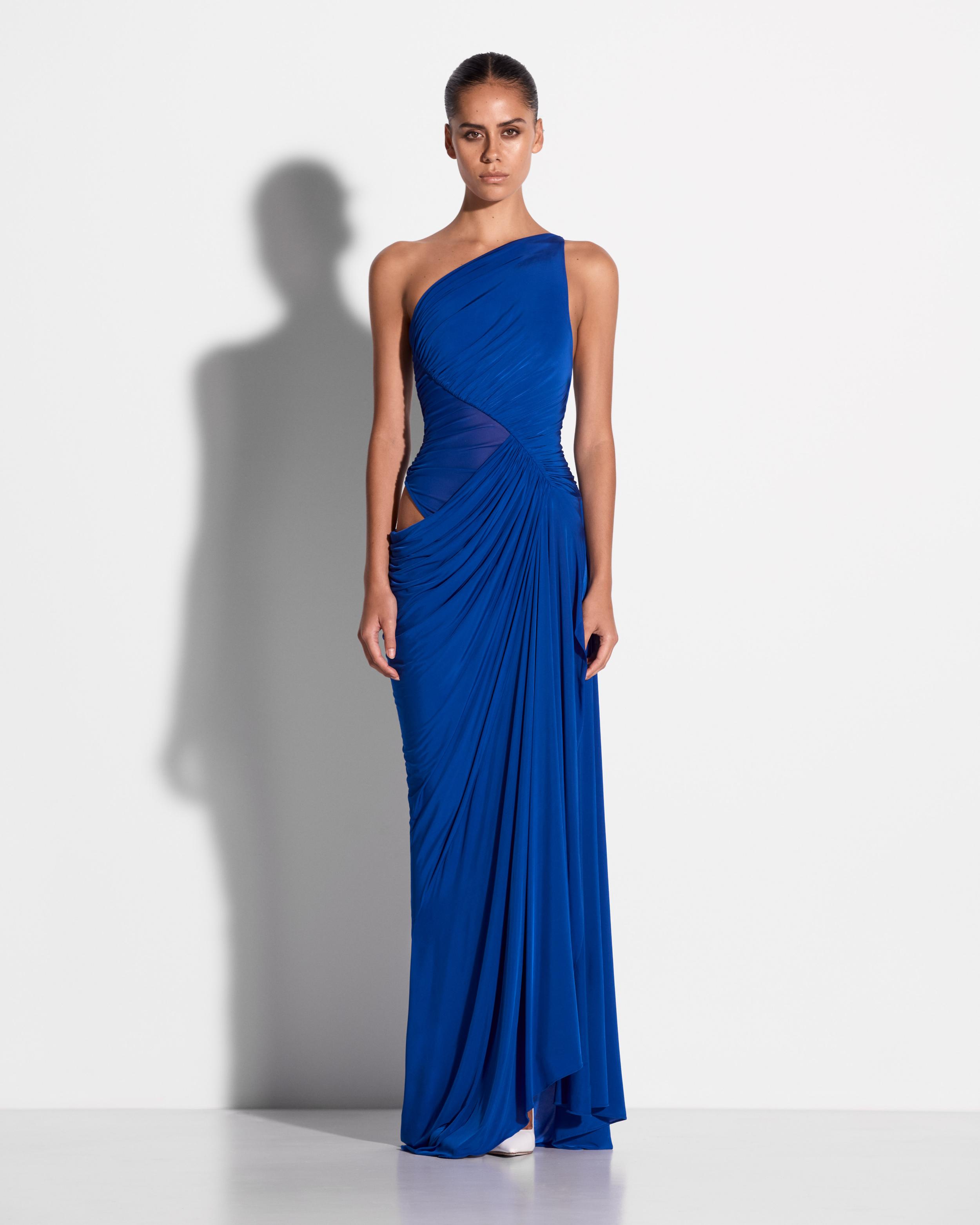 One Shoulder Ruched Gown in Jersey
