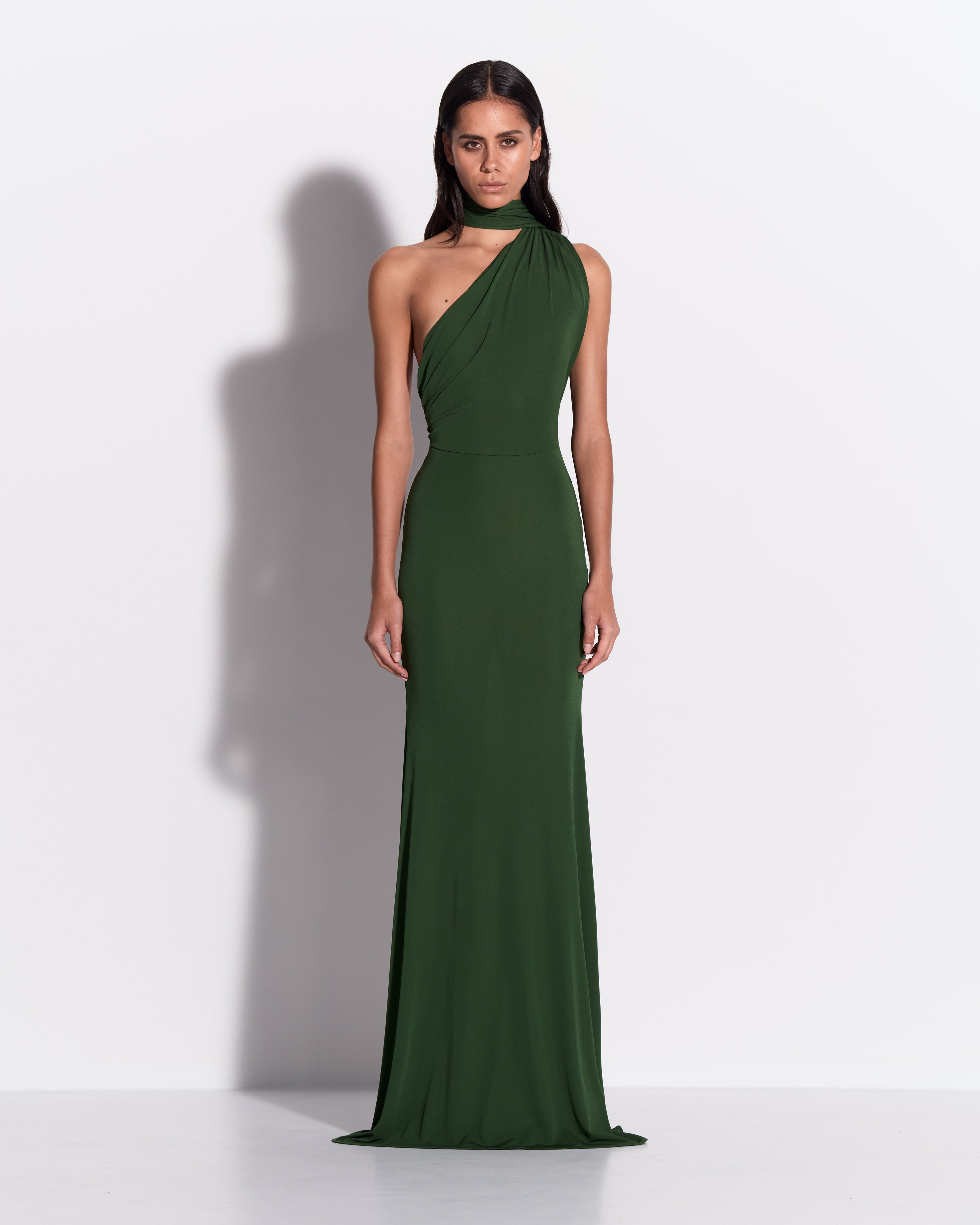 One Shoulder Scarf Gown in Dry Jersey