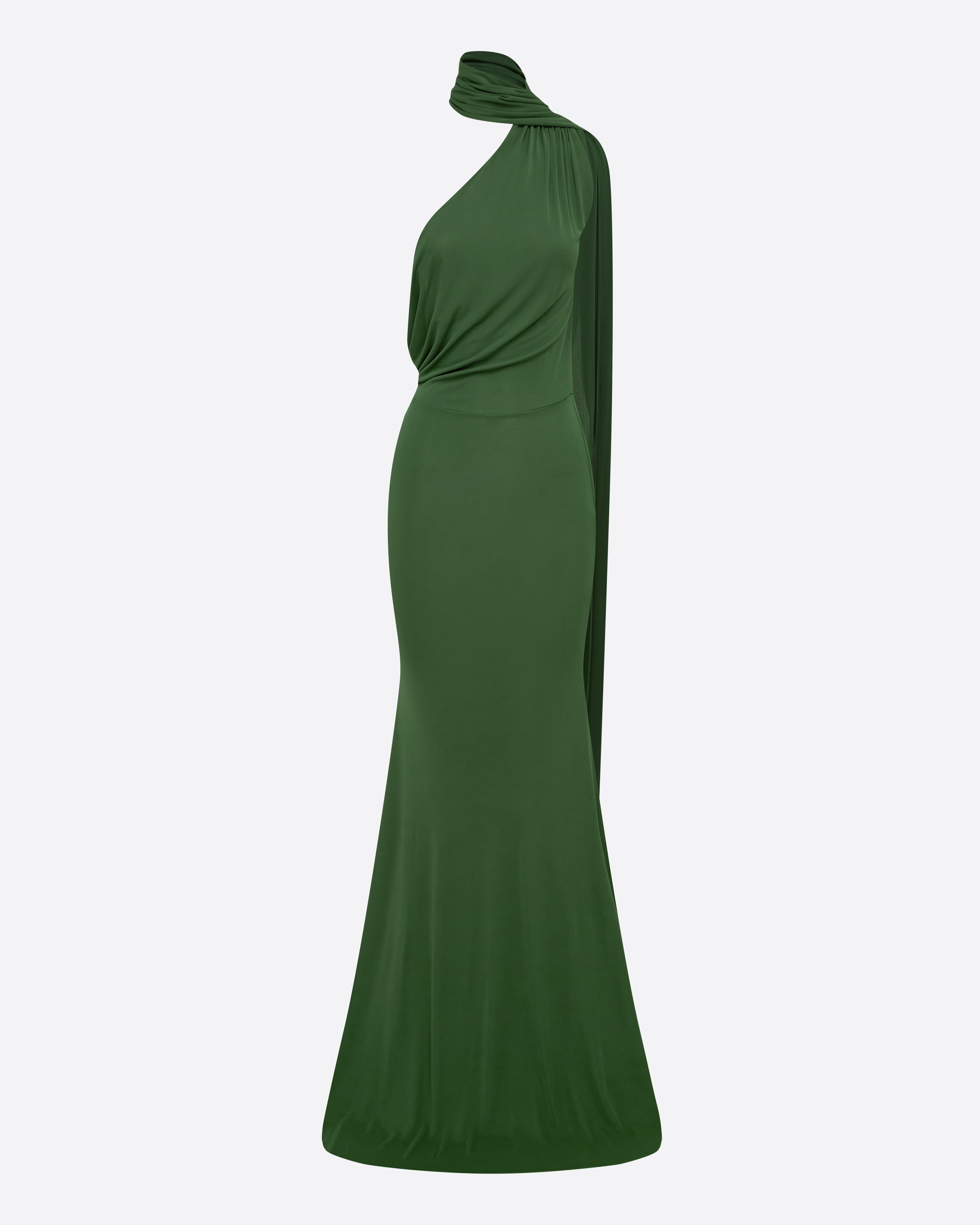 One Shoulder Scarf Gown in Dry Jersey