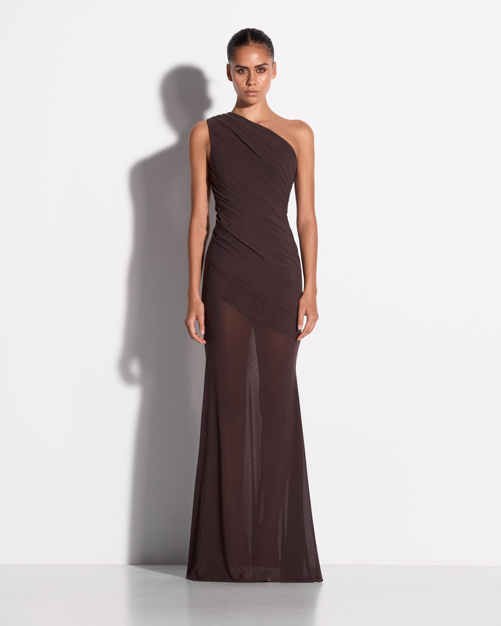 One Shoulder Tucked Gown in Stretch Mesh