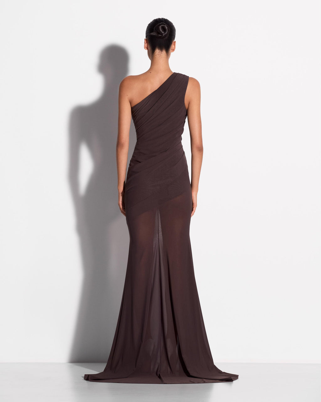 One Shoulder Tucked Gown in Stretch Mesh