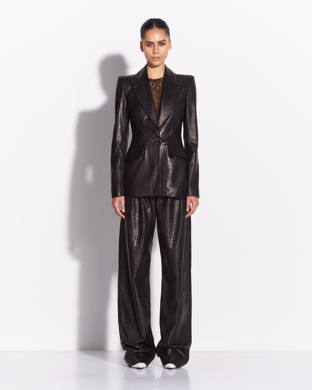 Single Breasted Fitted Blazer in Embossed Leather