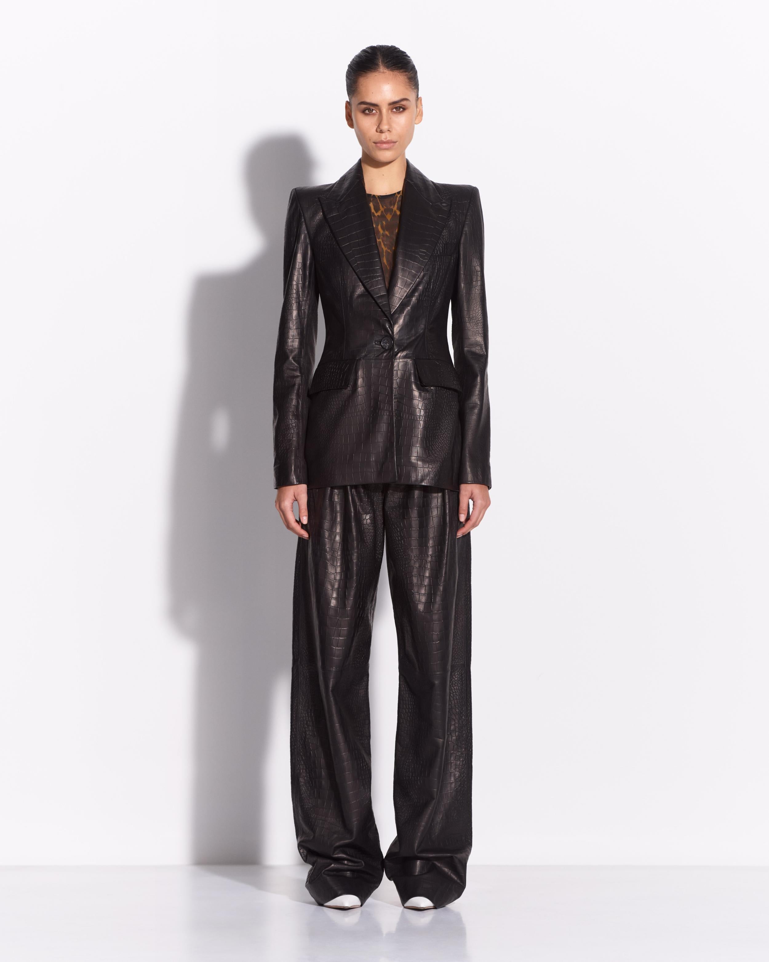 Single Breasted Fitted Blazer in Embossed Leather