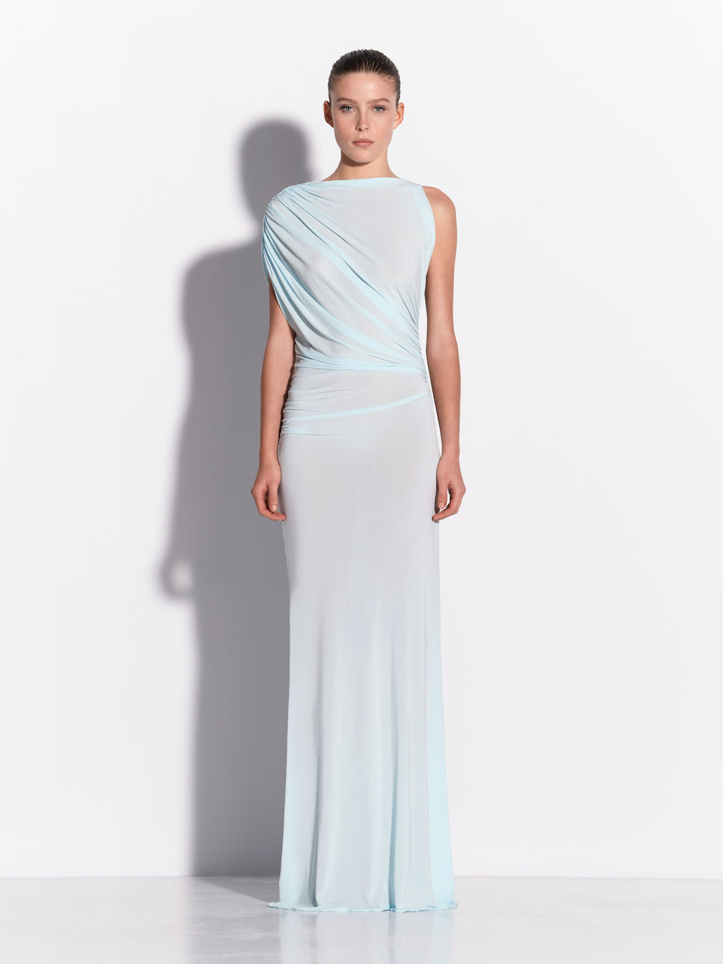 Sleeveless Ruched Gown in Dry Jersey