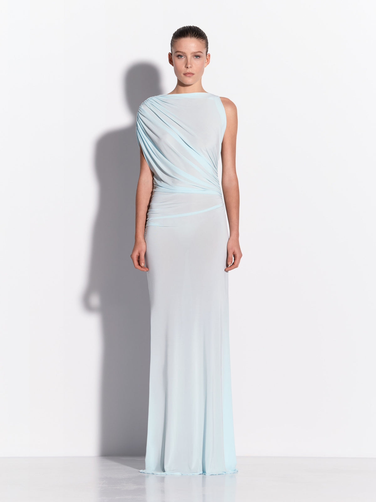 Sleeveless Ruched Gown in Dry Jersey