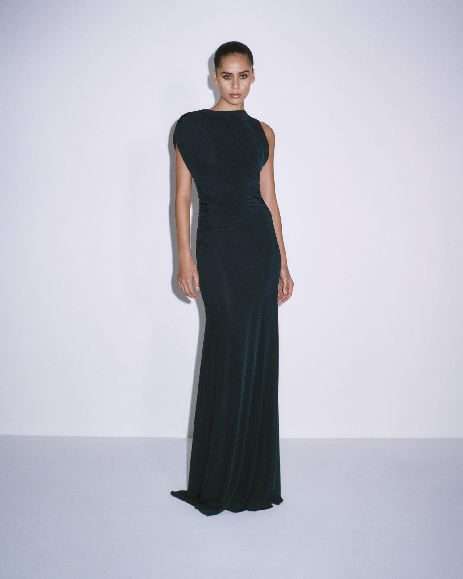 Sleeveless Ruched Gown in Jersey