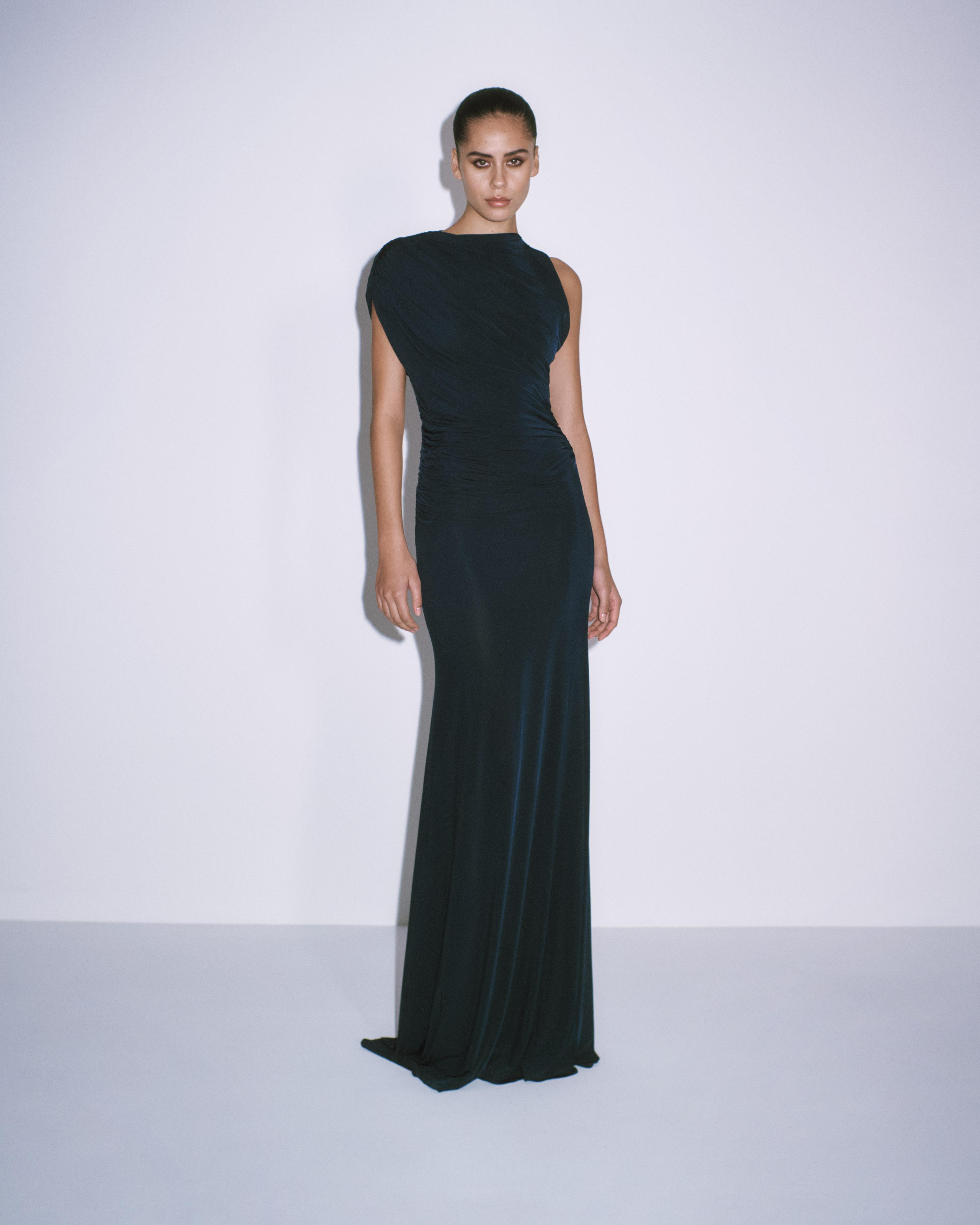 Sleeveless Ruched Gown in Jersey