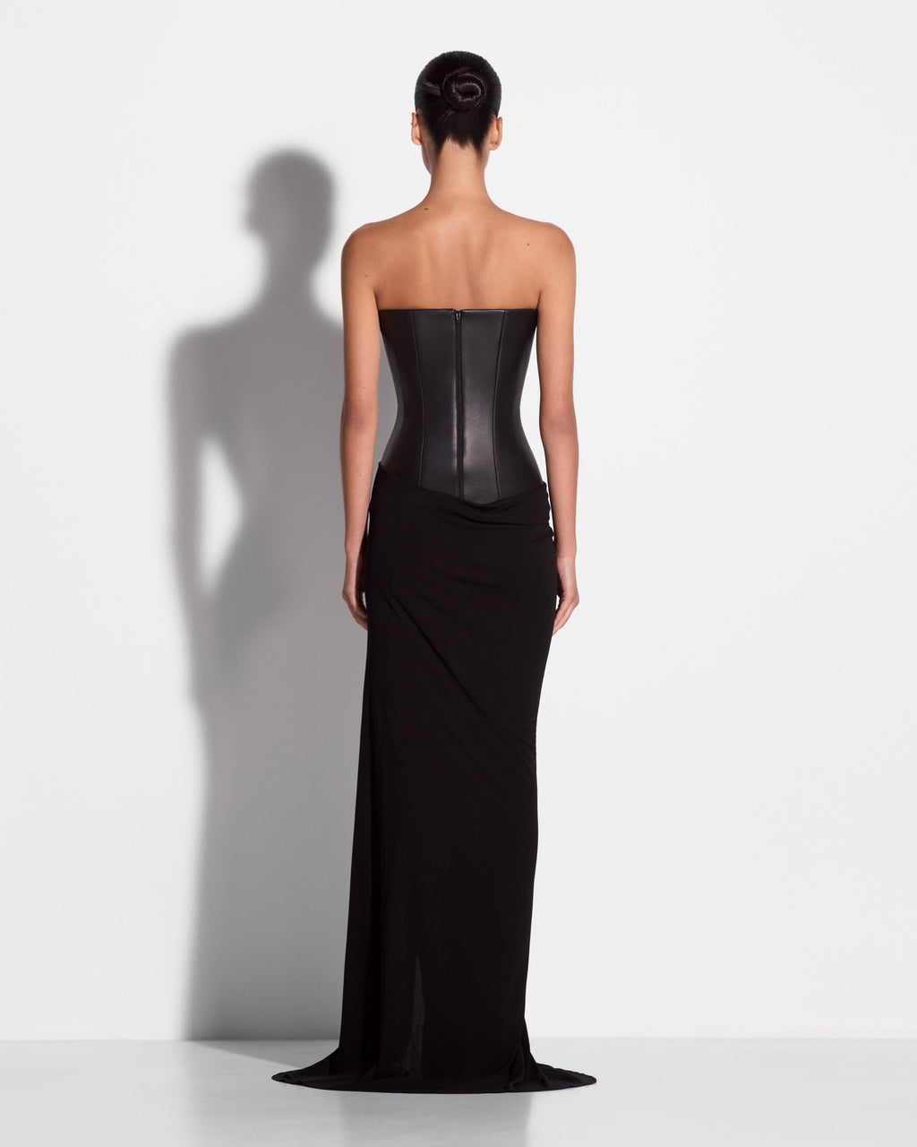 Strapless Asymmetric Gown in Leather & Jersey