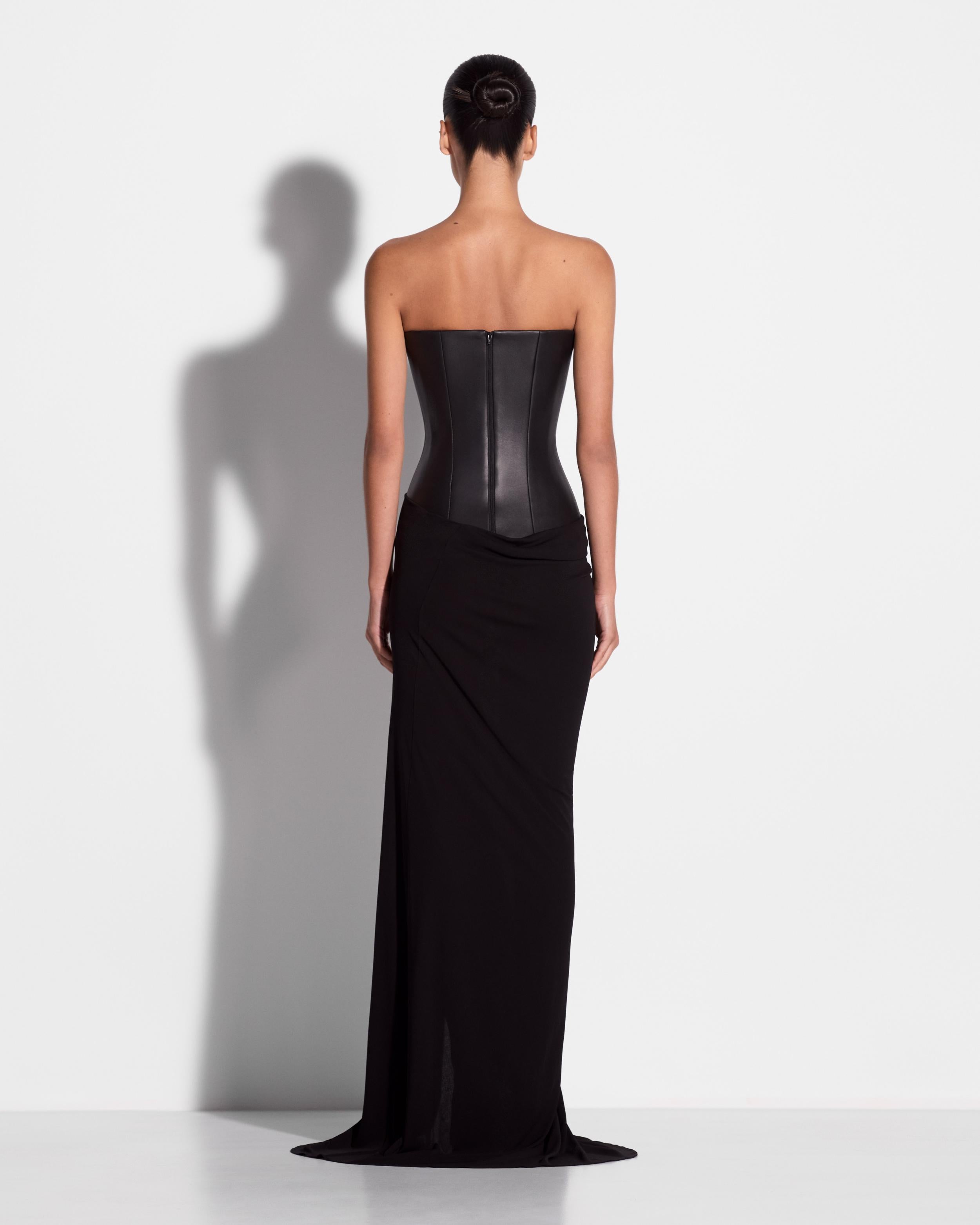 Strapless Asymmetric Gown in Leather & Jersey