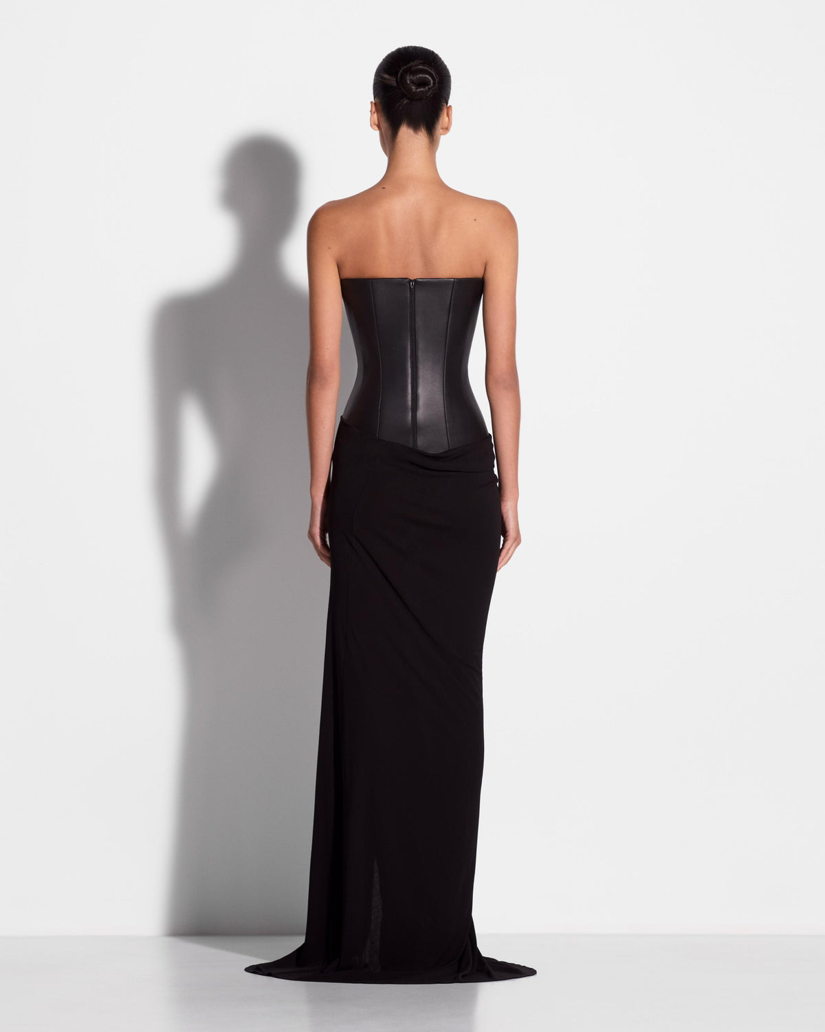 Strapless Asymmetric Gown in Leather & Jersey