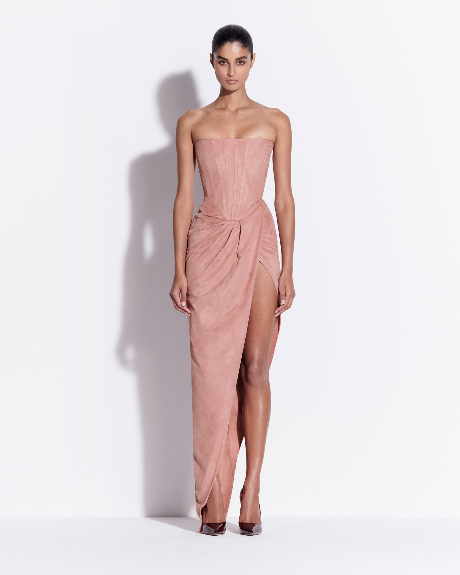 Strapless Corset Drape Gown in Suede