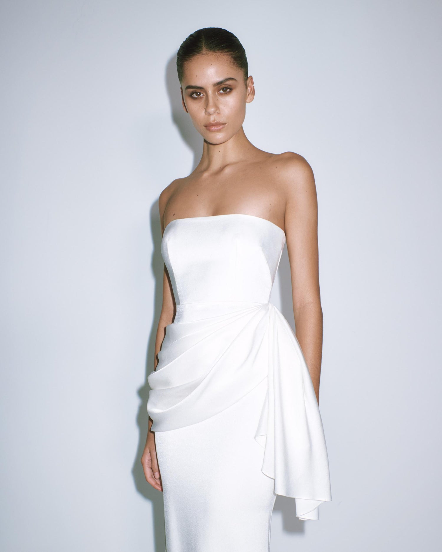 Strapless Corset Tiered Gown in Satin Crepe 6 / White Strapless Corset Tiered Gown in Satin Crepe 6 / White