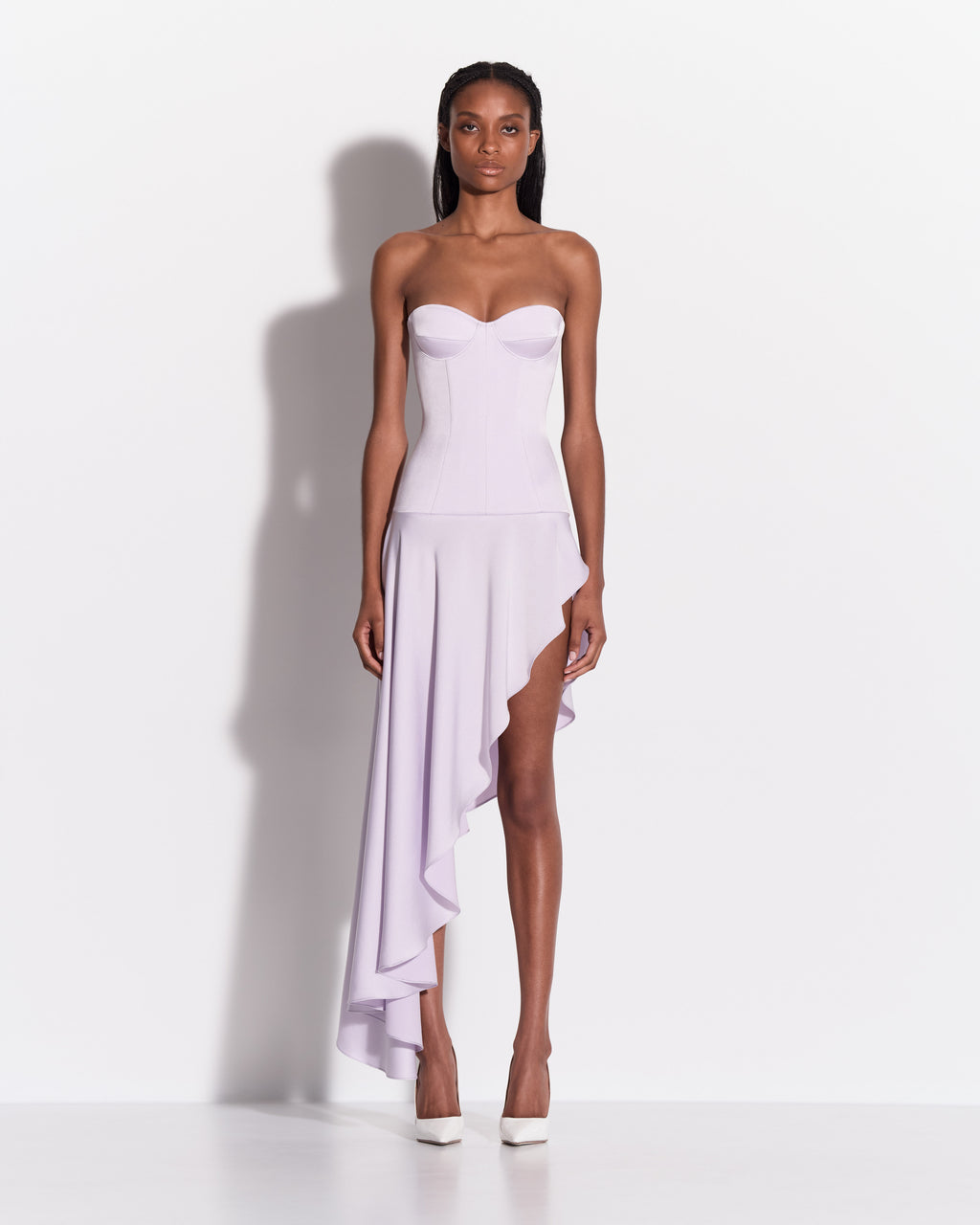 Strapless Cupped Longline Asymmetric Dress in Satin Crepe