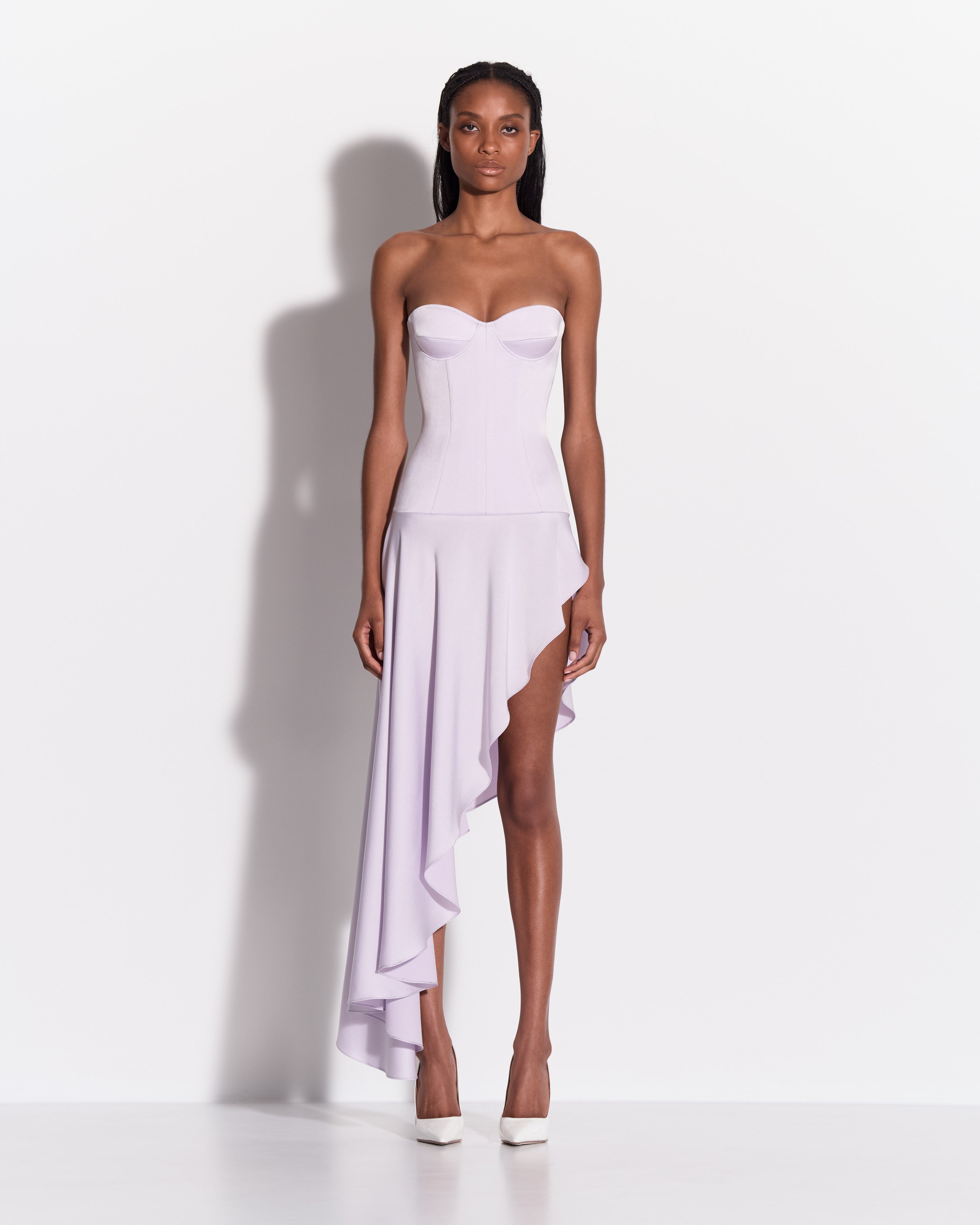 Strapless Cupped Longline Asymmetric Dress in Satin Crepe