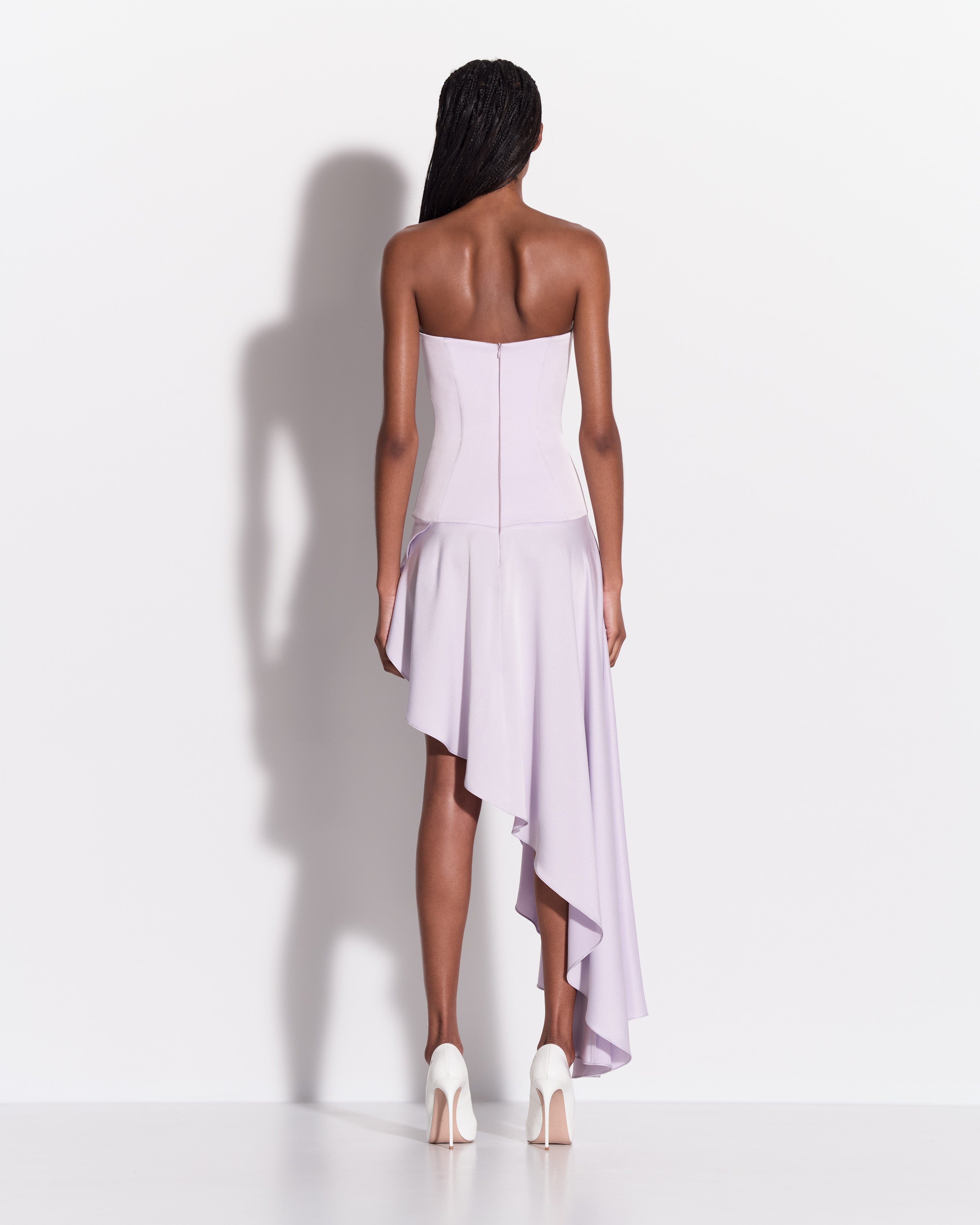 Strapless Cupped Longline Asymmetric Dress in Satin Crepe