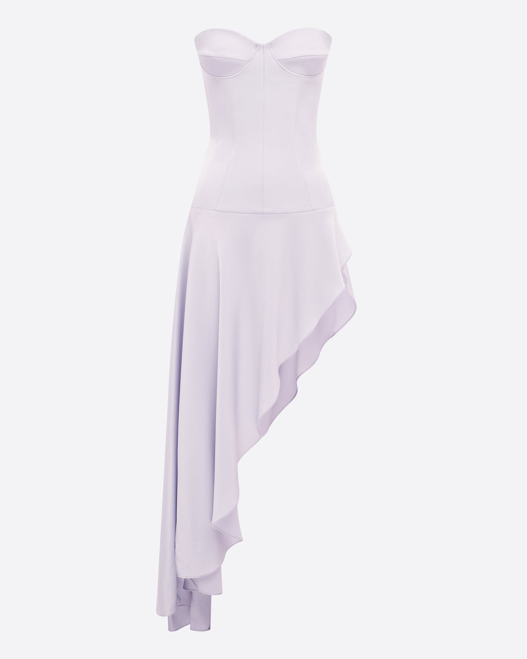 Strapless Cupped Longline Asymmetric Dress in Satin Crepe