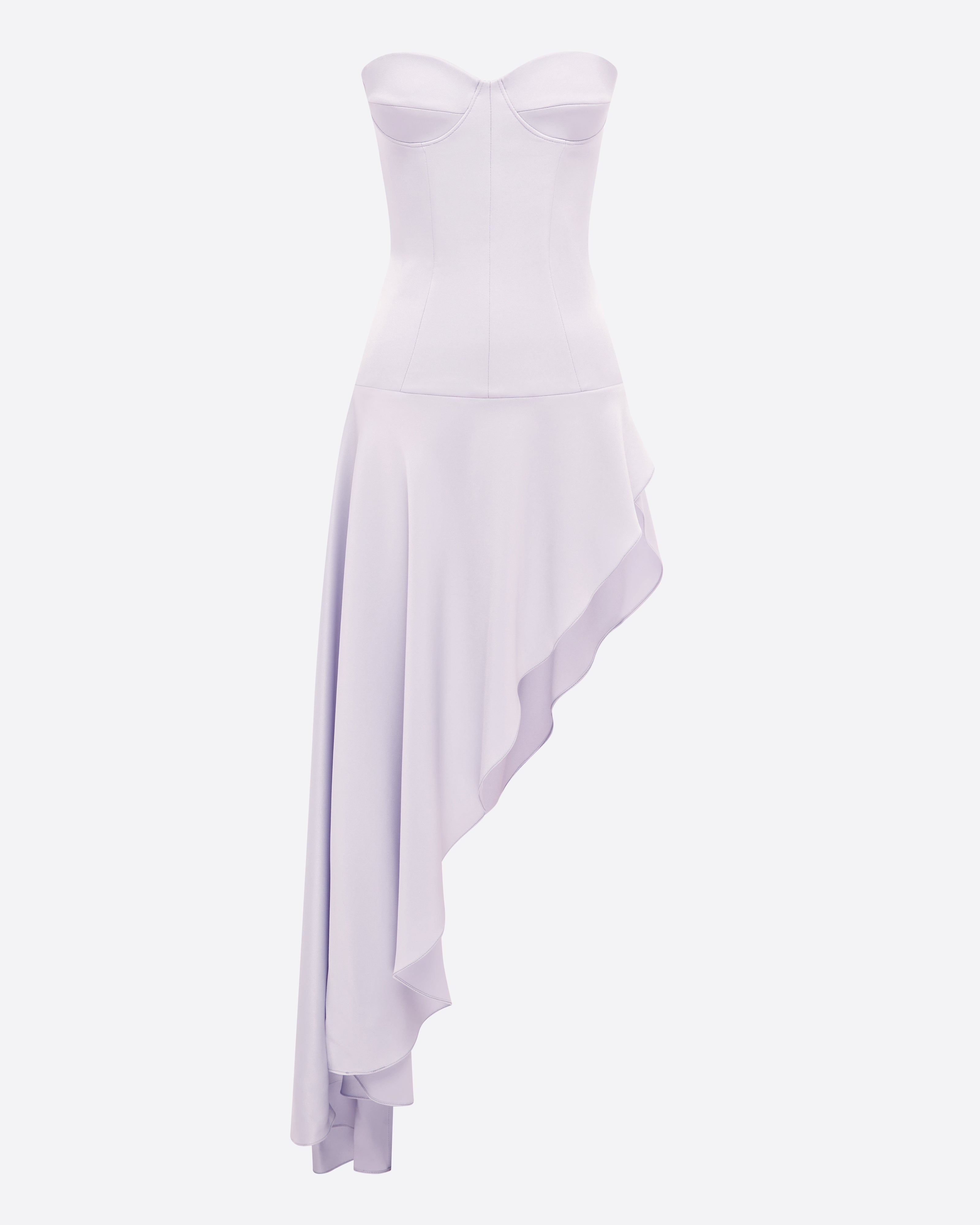 Strapless Cupped Longline Asymmetric Dress in Satin Crepe