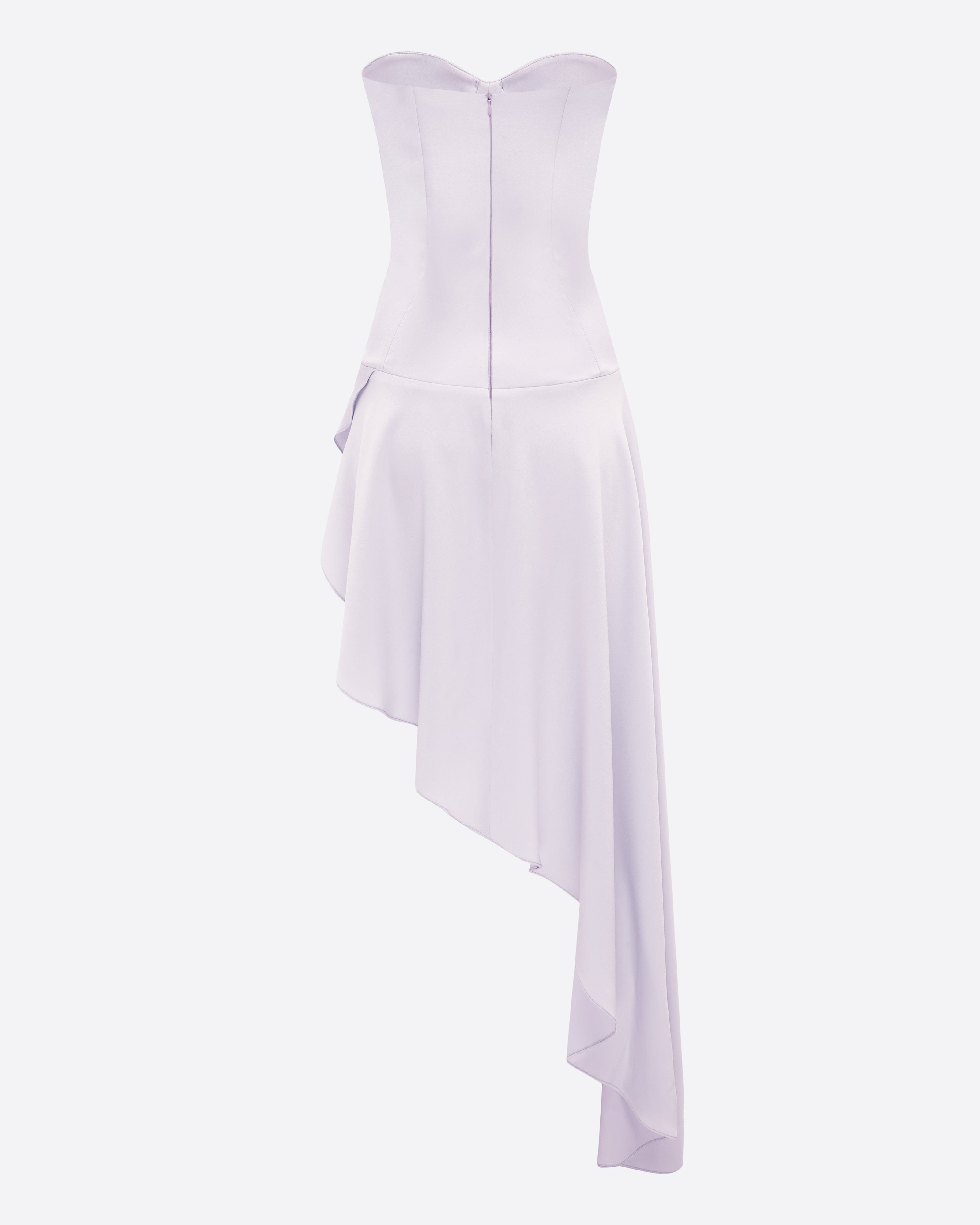 Strapless Cupped Longline Asymmetric Dress in Satin Crepe