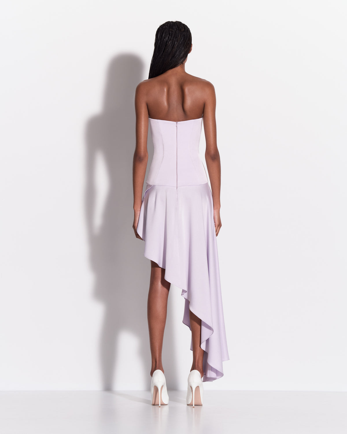 Strapless Cupped Longline Asymmetric Dress in Satin Crepe