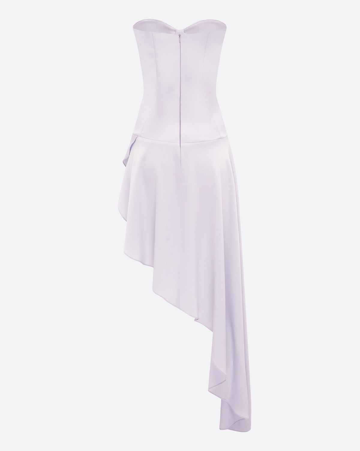 Strapless Cupped Longline Asymmetric Dress in Satin Crepe
