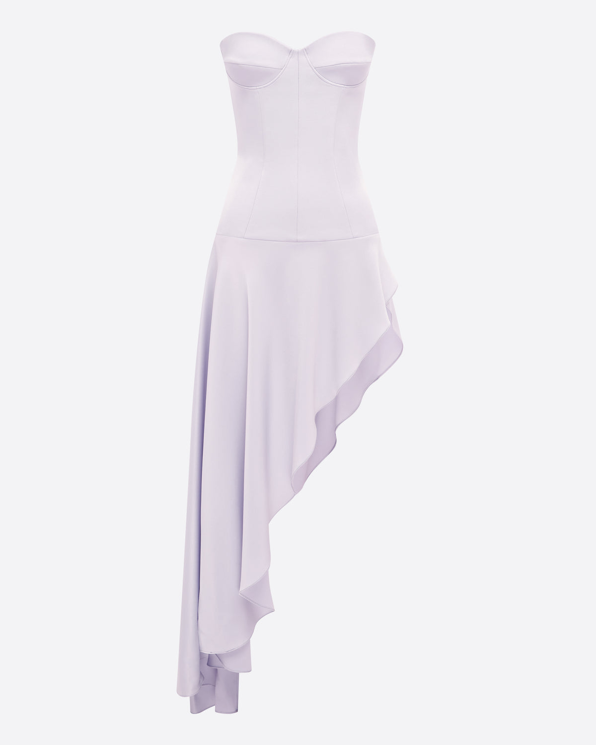 Strapless Cupped Longline Asymmetric Dress in Satin Crepe