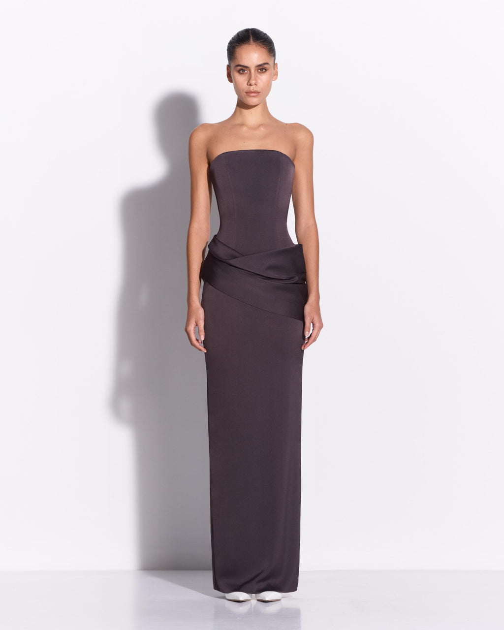 Strapless Drape Column in Satin Crepe
