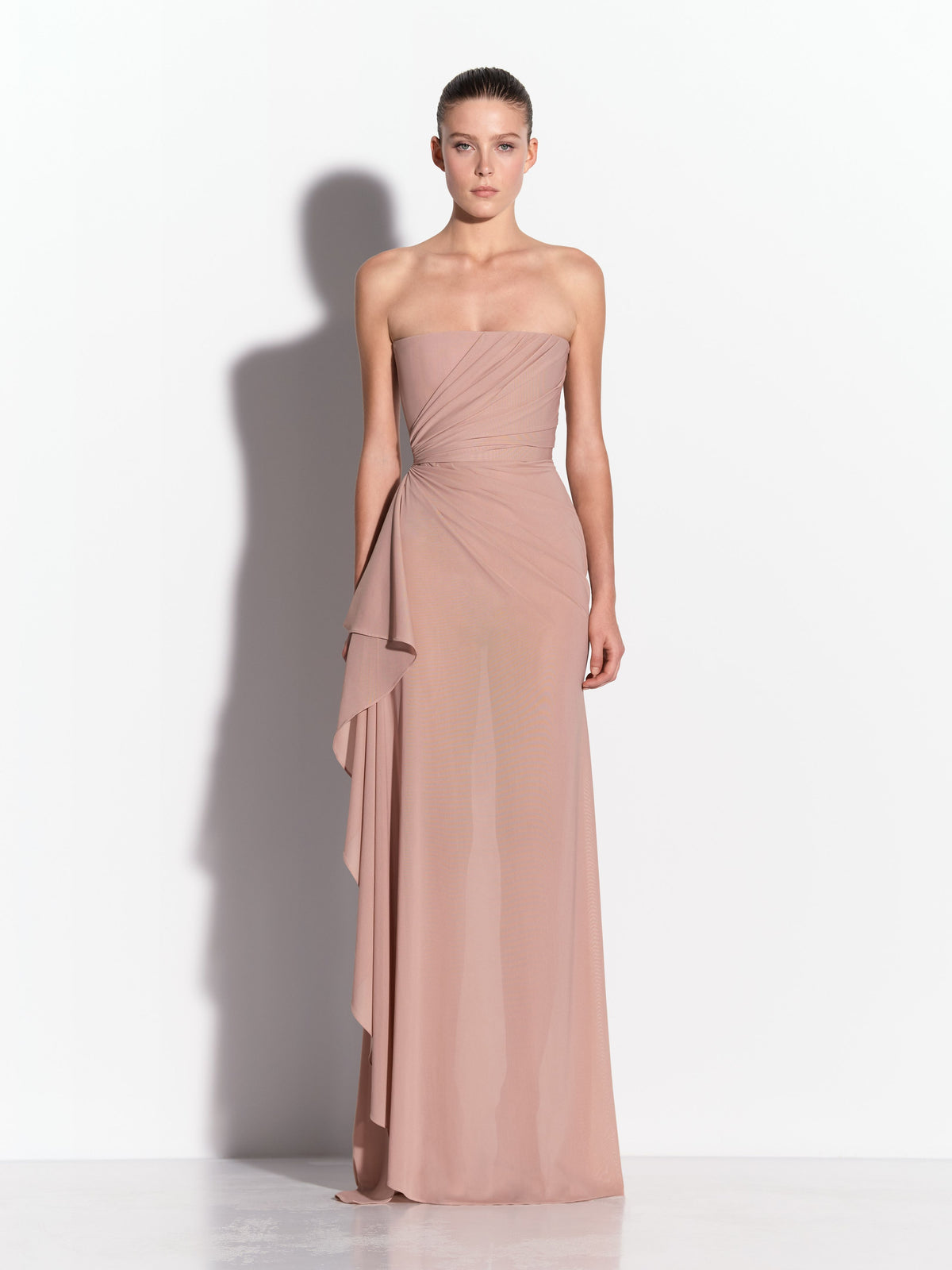 Strapless Drape Gown in Stretch Mesh
