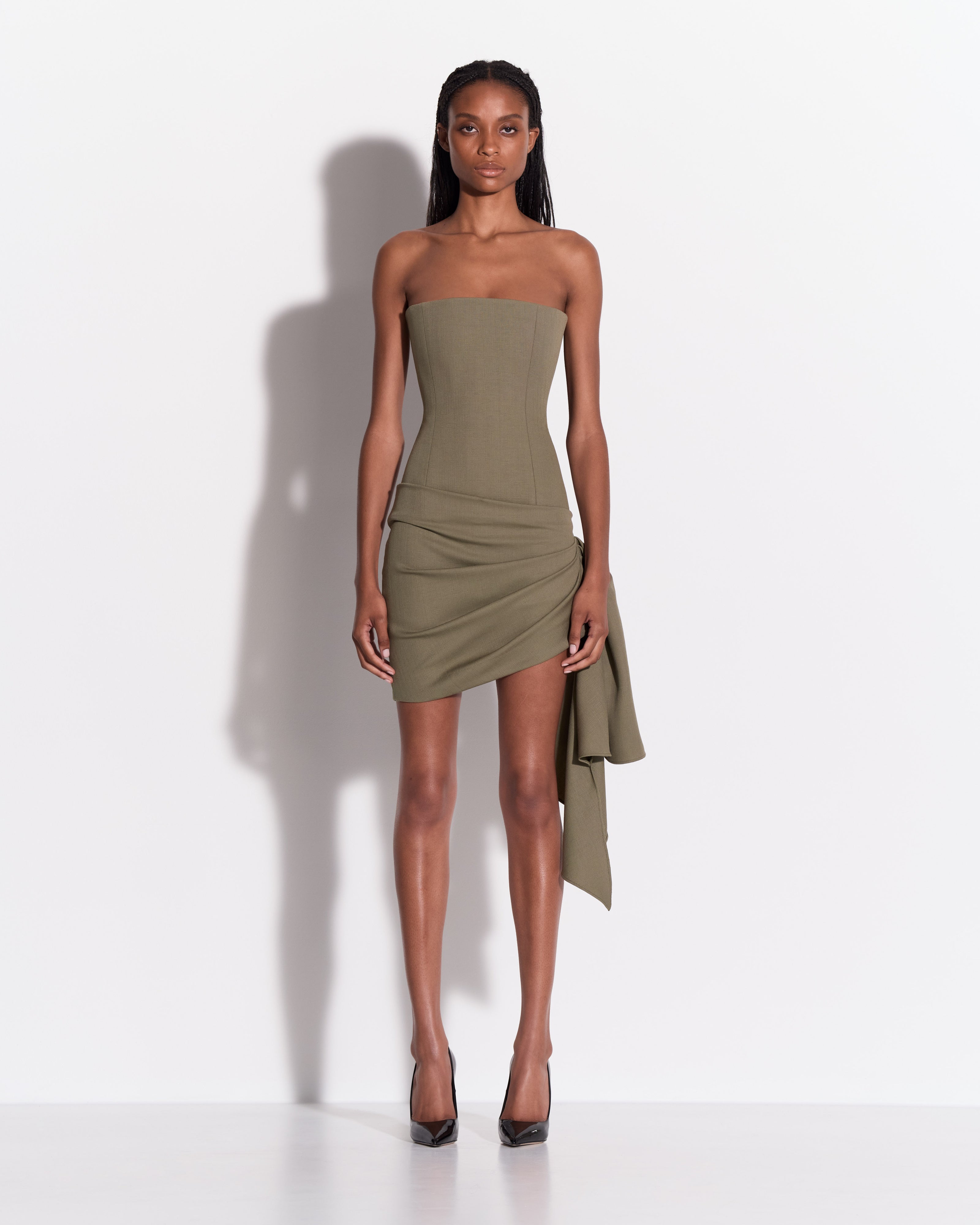Strapless Drape Mini Dress in Wool Suiting