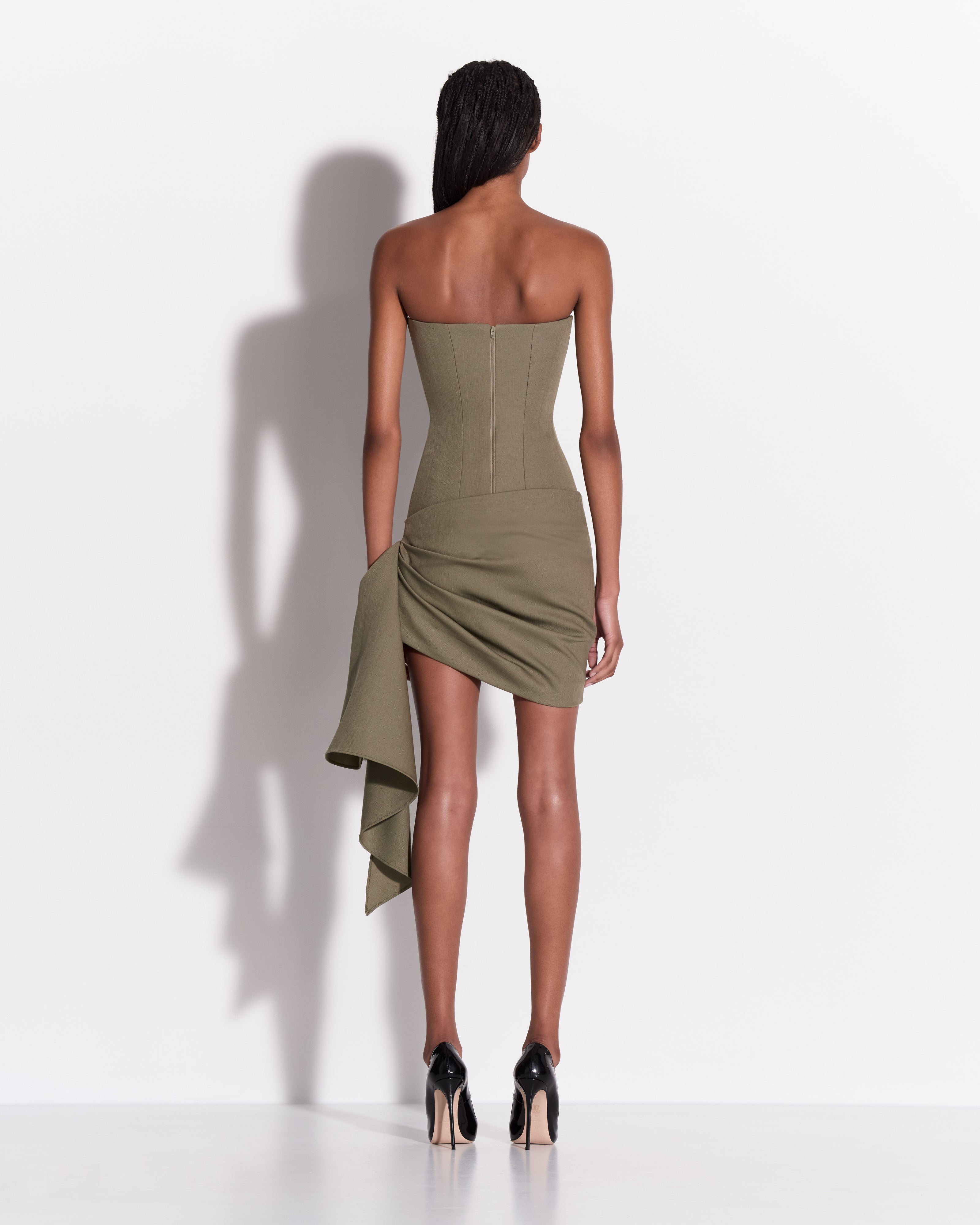 Strapless Drape Mini Dress in Wool Suiting