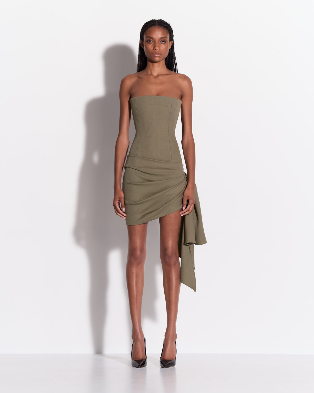 Strapless Drape Mini Dress in Wool Suiting