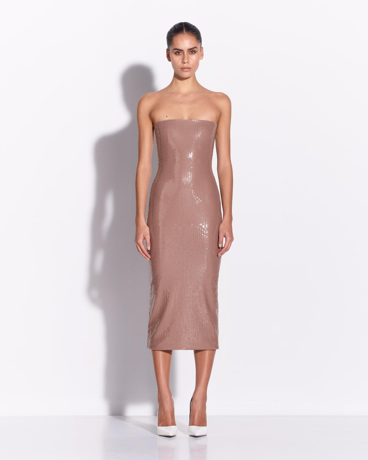 alex perry gold dress Strapless in Sequin Stretch Mesh Mocha / 8 Snowy Christmas Wedding Guest Color:MUSHROOM AW26 Strapless dress in semi