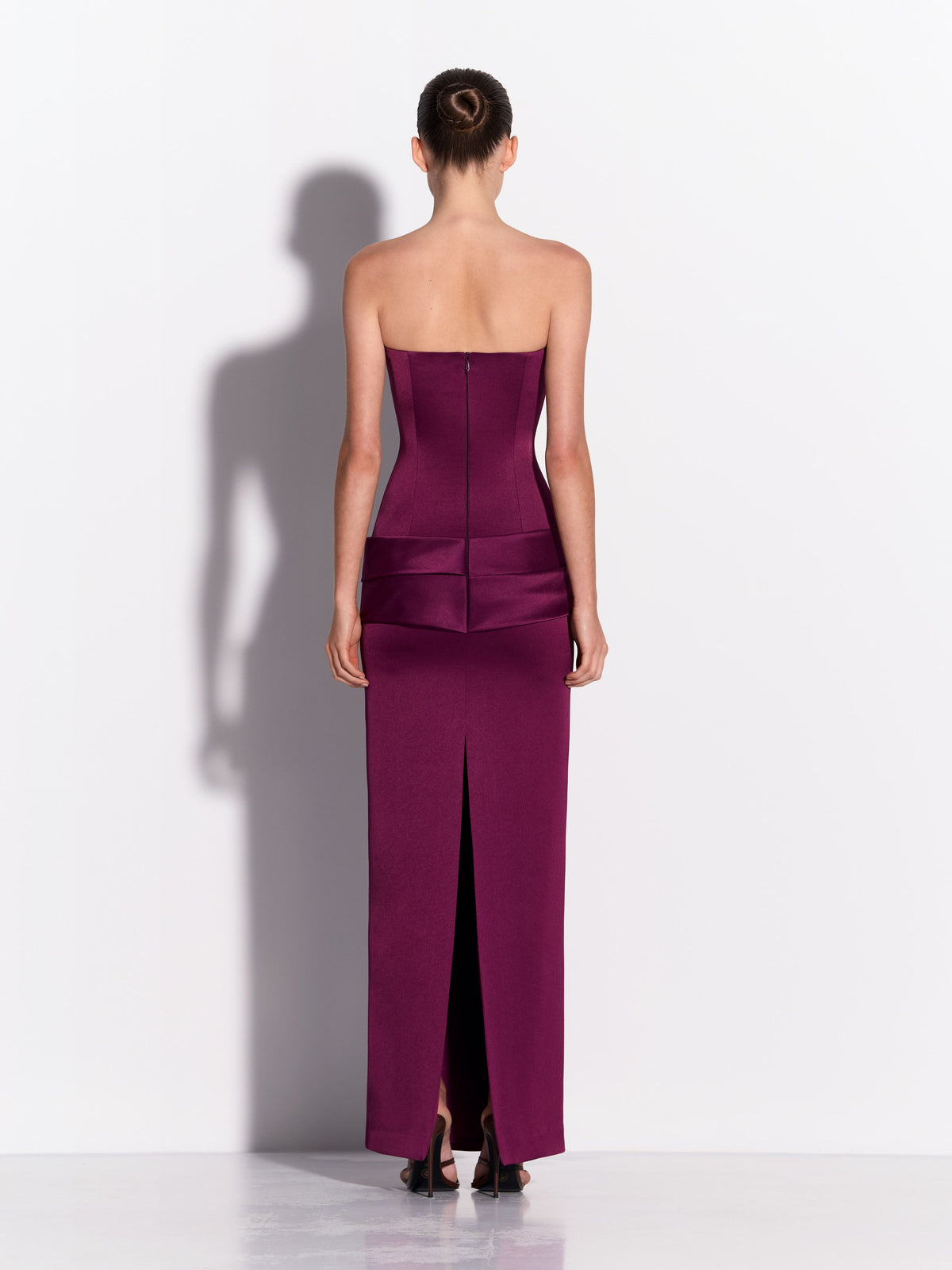 Strapless Longline Drape Column in Satin Crepe