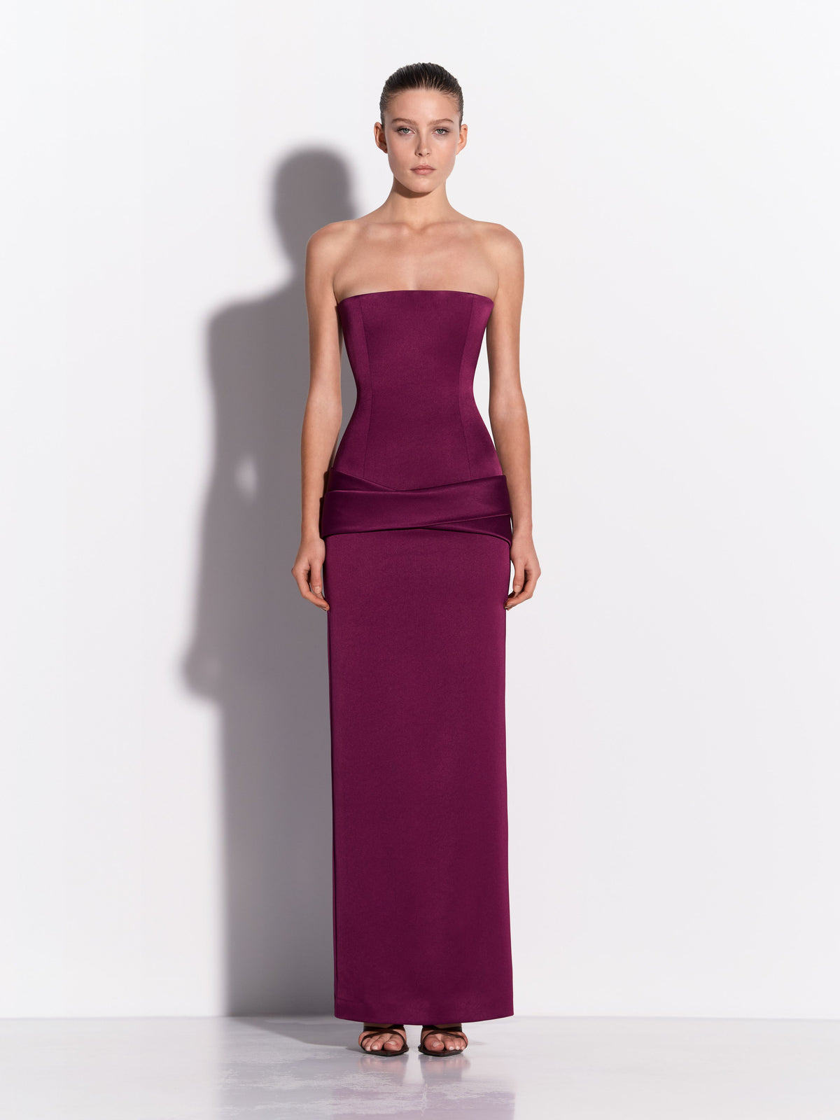Strapless Longline Drape Column in Satin Crepe