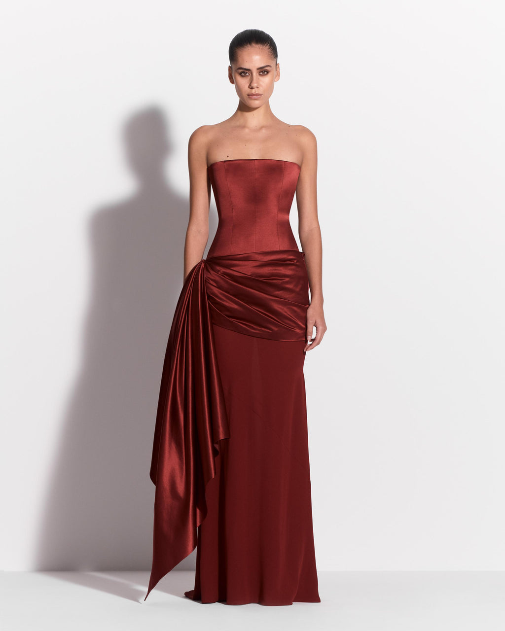 Strapless Longline Drape Gown in Duchess Satin