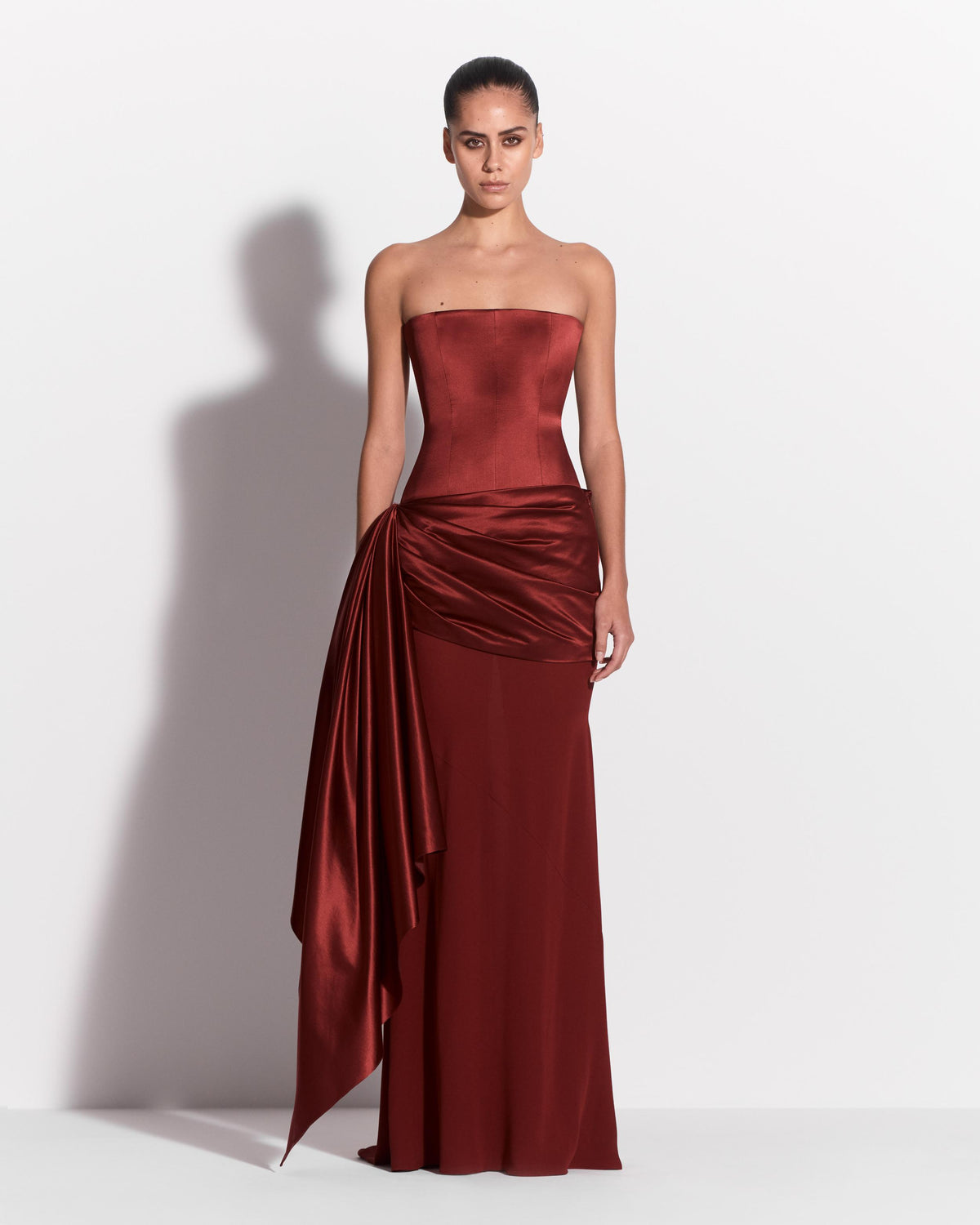 Strapless Longline Drape Gown in Duchess Satin