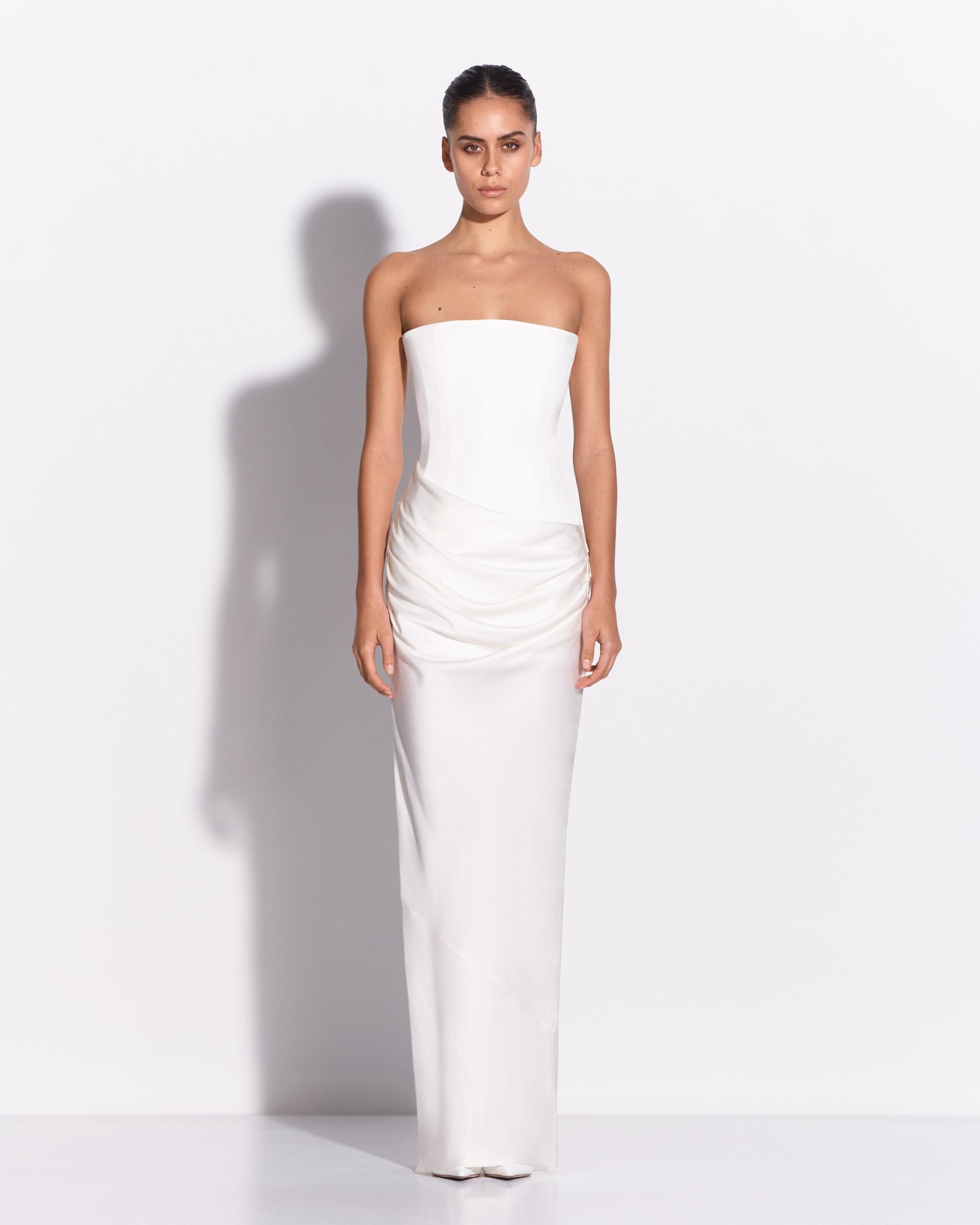 Strapless Longline Draped Column in Satin Crepe White / 6