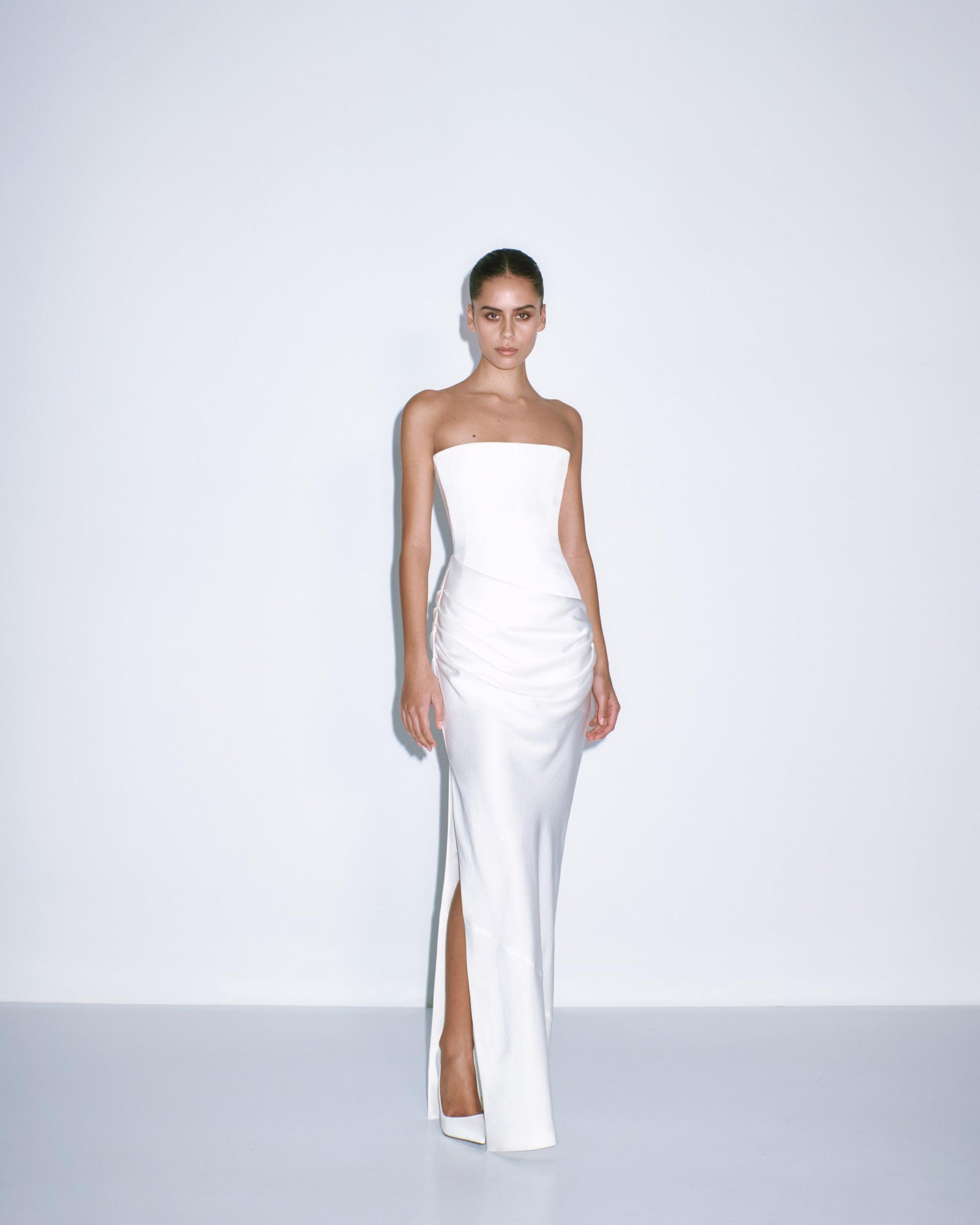 Strapless Longline Draped Column in Satin Crepe